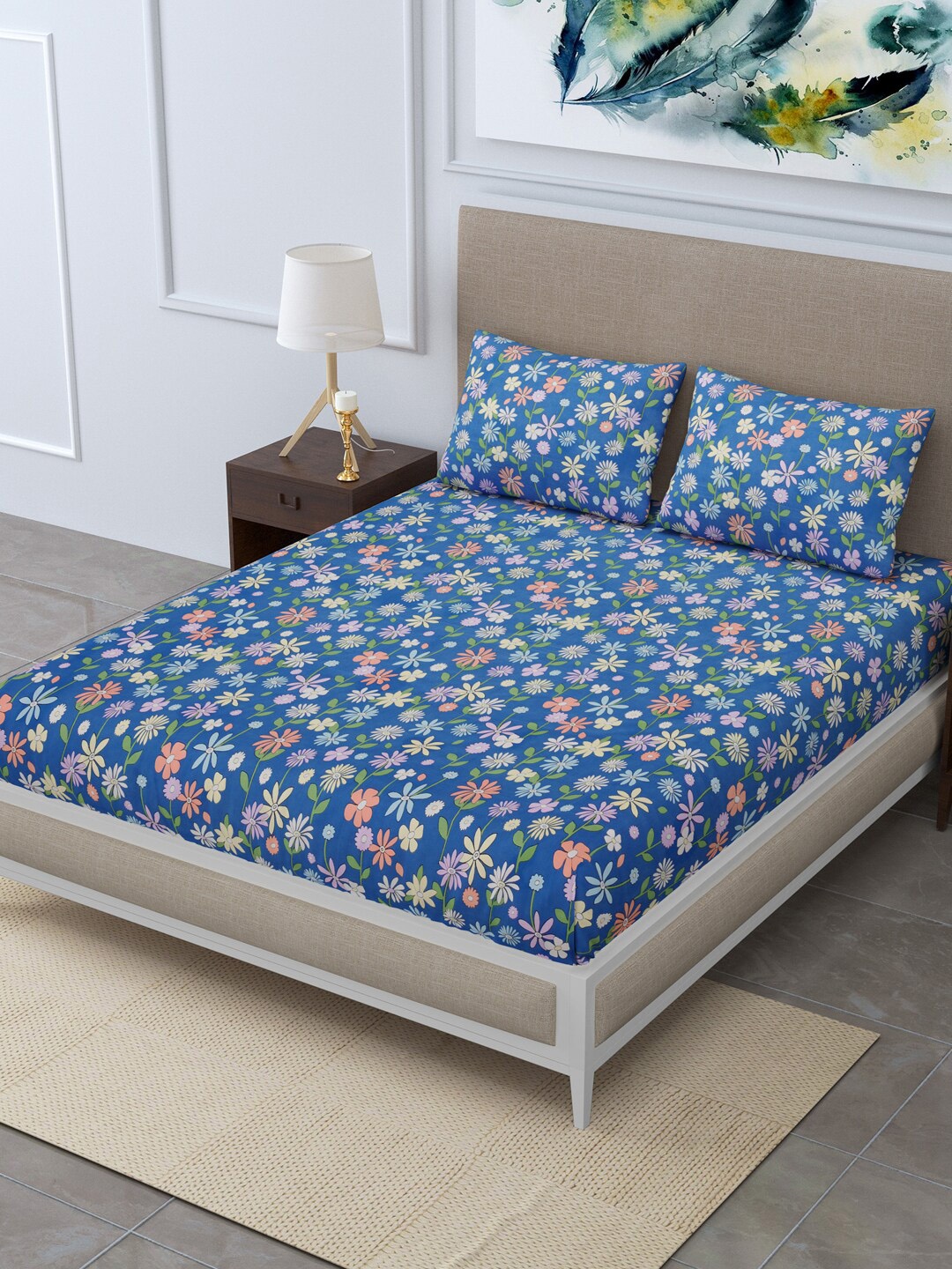 

Rudra Bazaar Blue Floral 210 TC King Bedsheet with 2 Pillow Covers