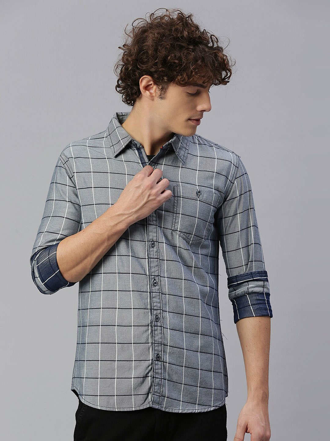 

High Star Men Grey Windowpane Checks Checked Casual Shirt