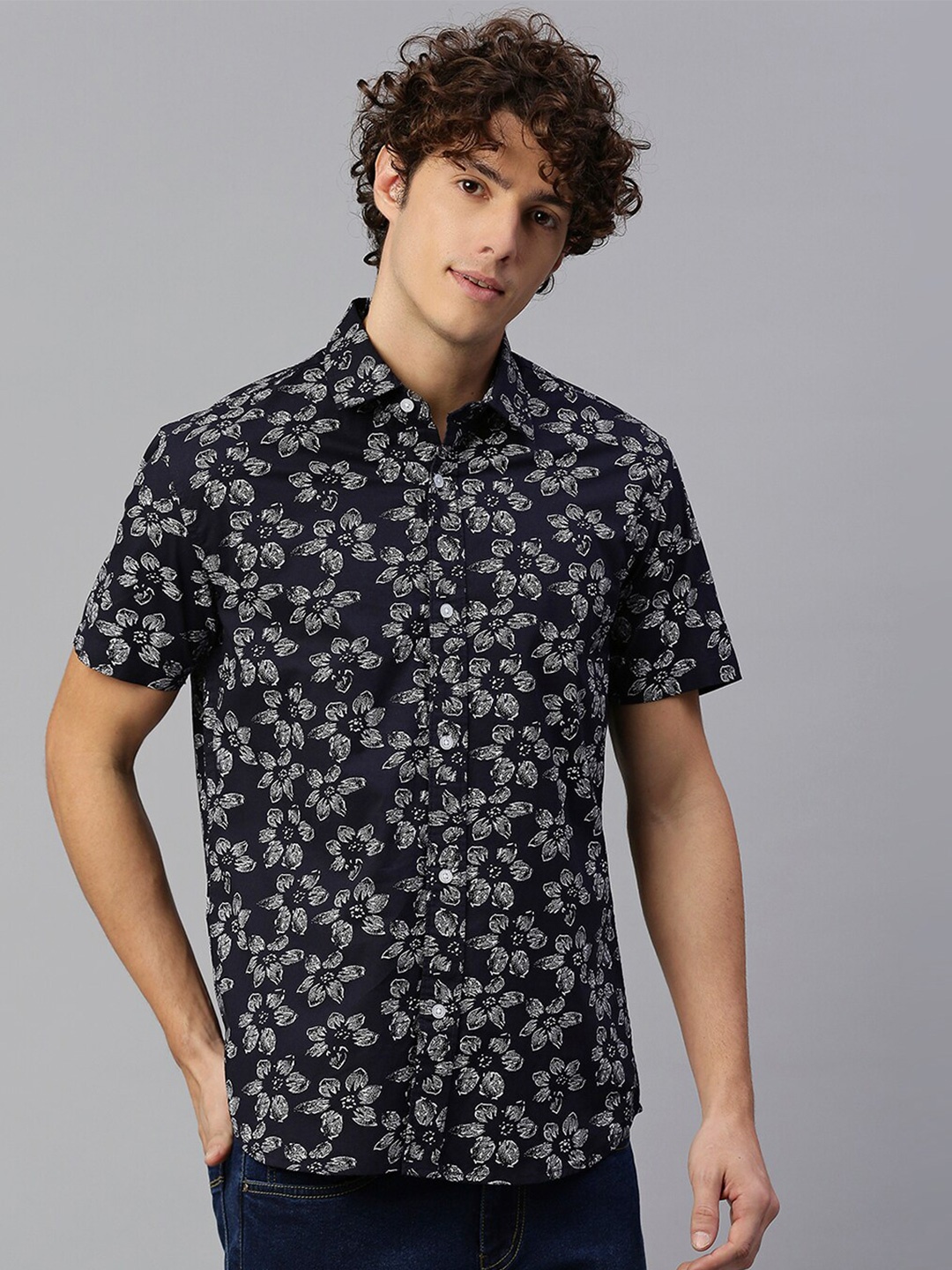 

High Star Men Navy Blue Floral Printed Casual Shirt