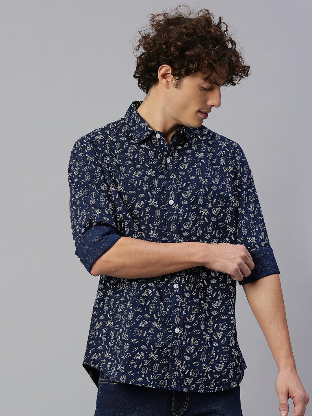 

High Star Men Blue Floral Printed Casual Shirt