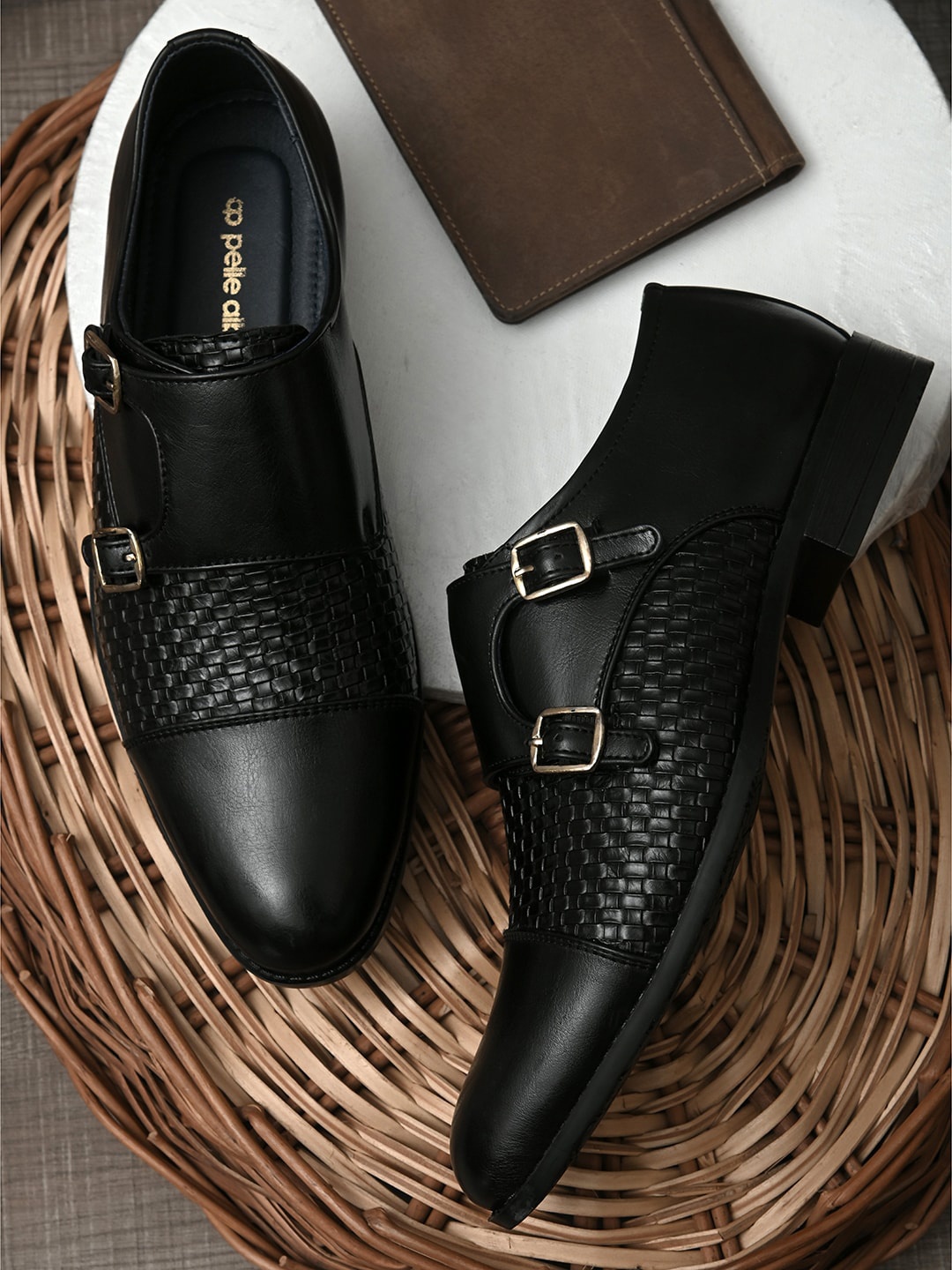 

pelle albero Men Black Textured Formal Monk Shoe