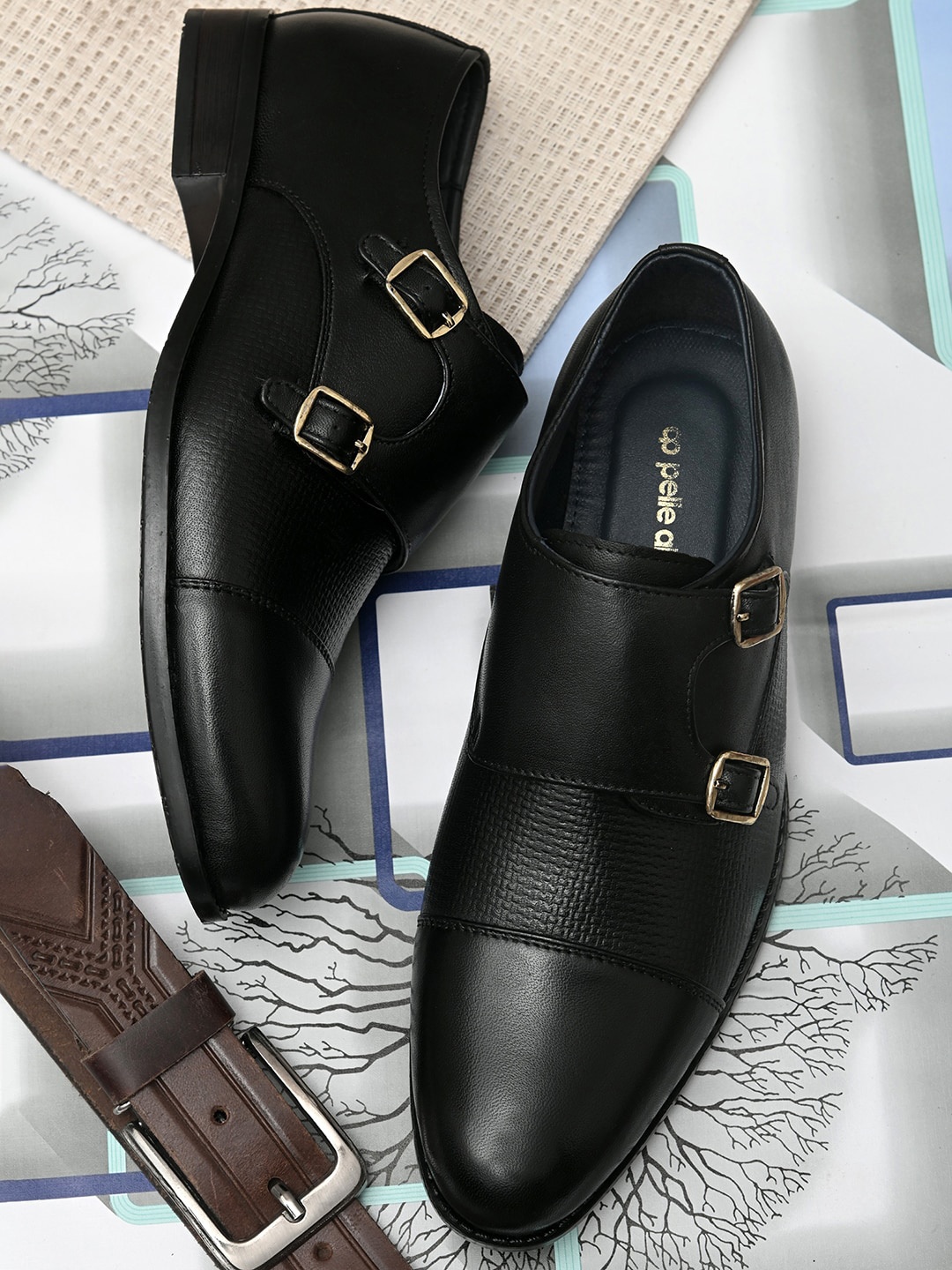 

pelle albero Men Black SolidLeather Monk Shoes