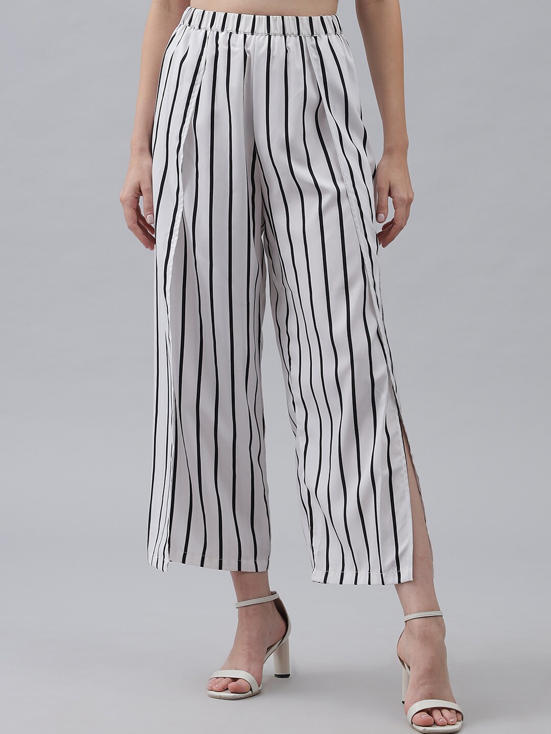 

emeros Women White Striped Smart Straight Fit Wrinkle Free Pleated Culottes Trousers