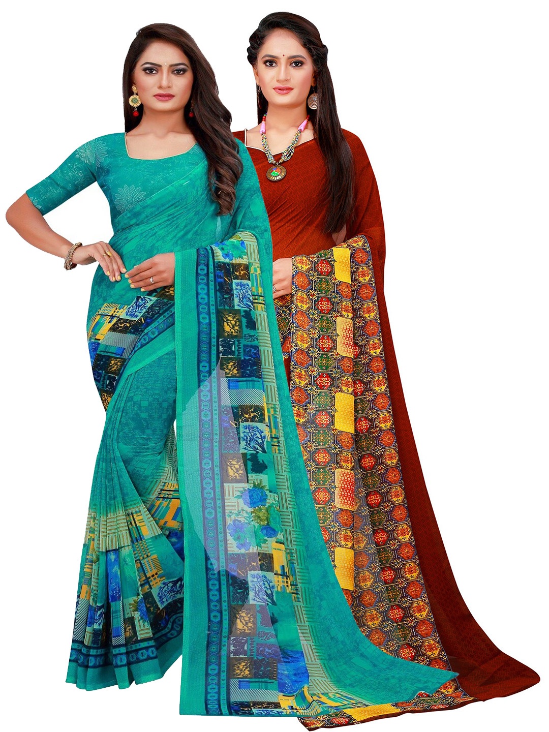 

Florence Turquoise Blue & Brown Pure Georgette Saree