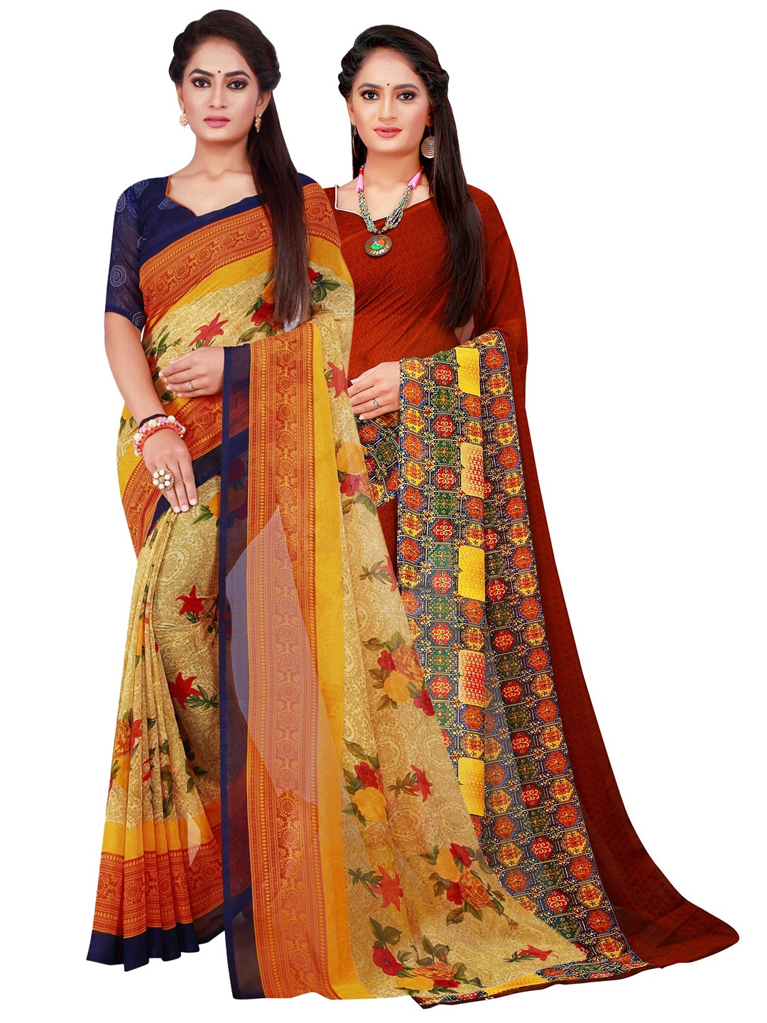 

Florence Brown & Yellow Pure Georgette Saree