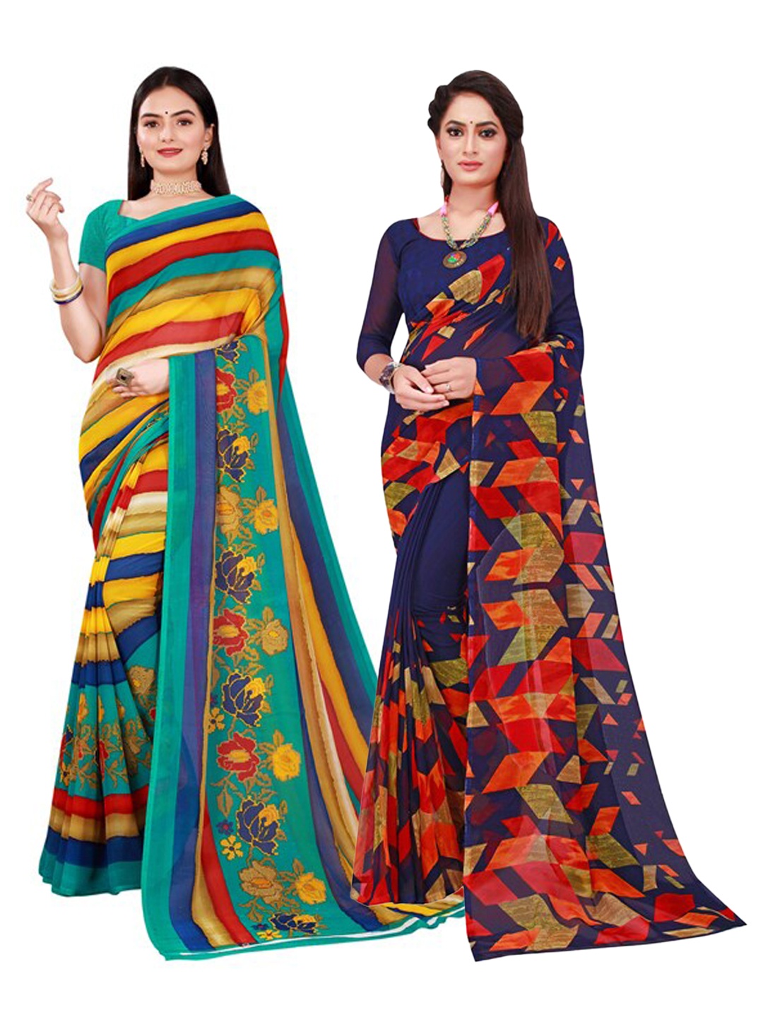 

KALINI Navy Blue & Yellow Pure Georgette Saree