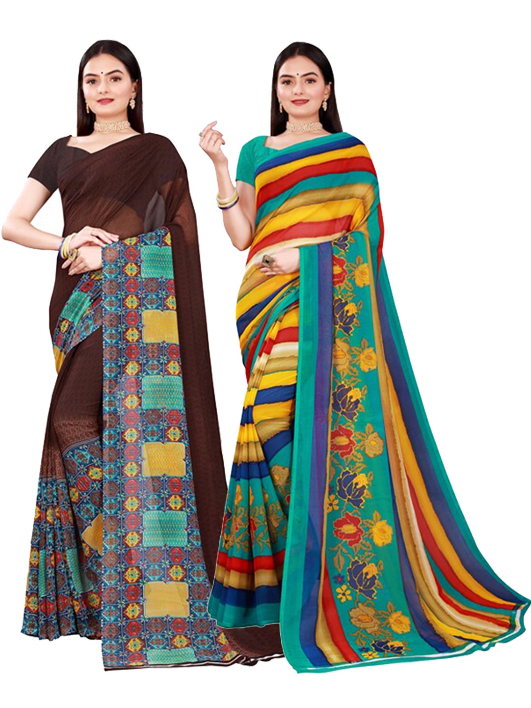 

KALINI Brown & Blue Pure Georgette Saree