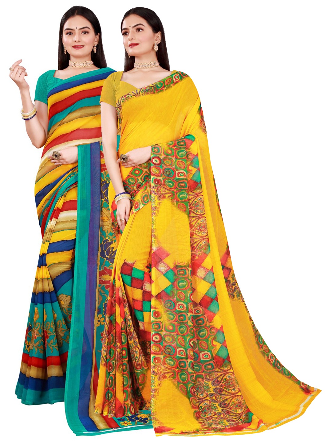 

KALINI Yellow & Blue Pure Georgette Saree