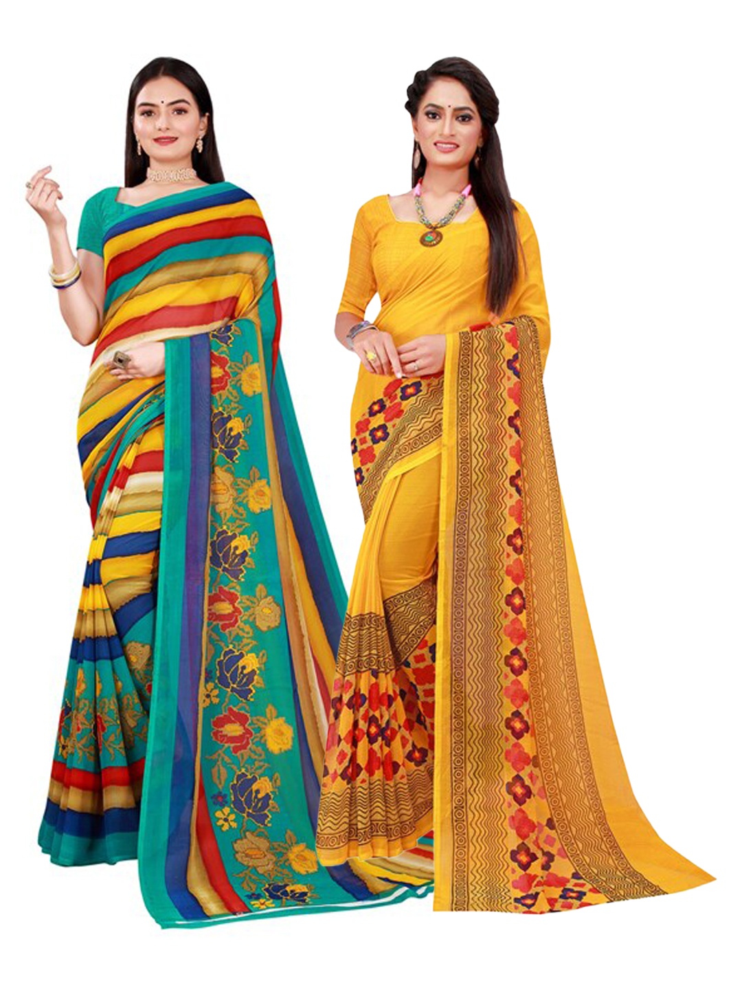 

KALINI Yellow & Blue Pure Georgette Saree