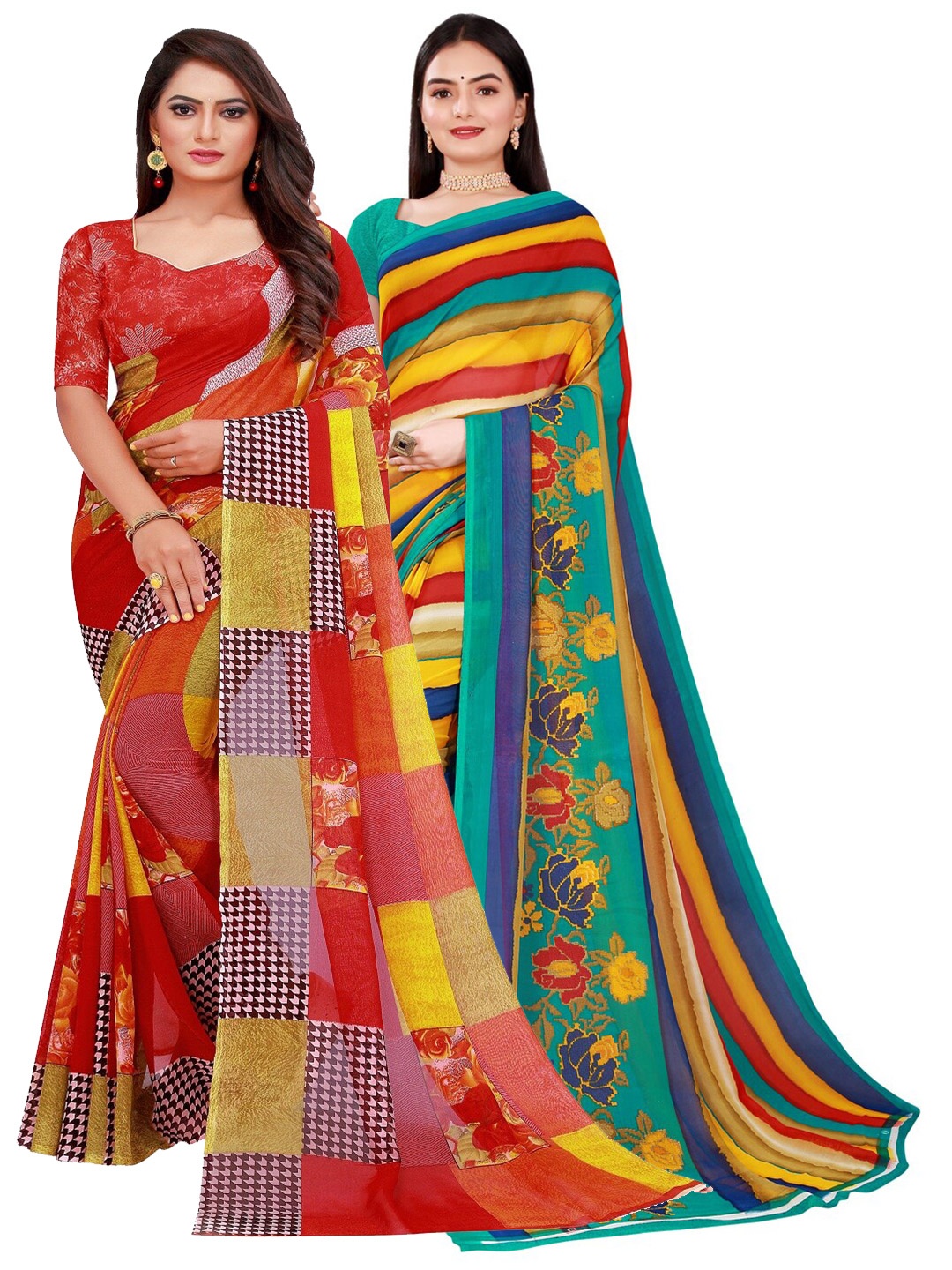 

KALINI Red & Blue Pure Georgette Saree