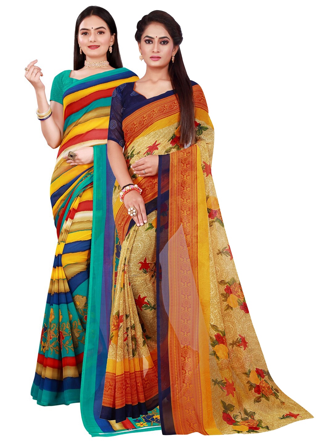 

KALINI Beige & Blue Pure Georgette Saree