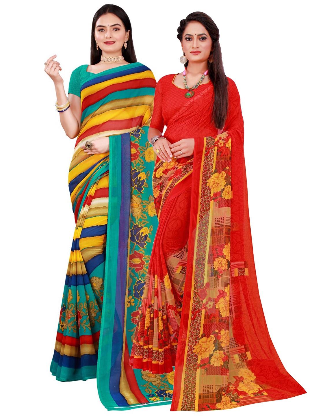 

KALINI Red & Blue Pure Georgette Saree