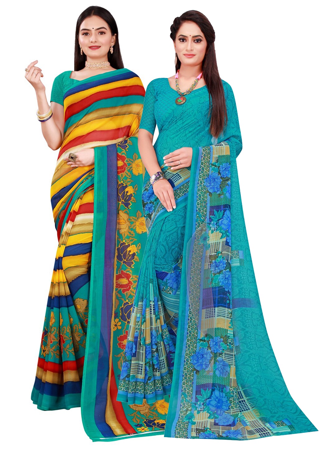 

KALINI Blue & Yellow Pure Georgette Saree