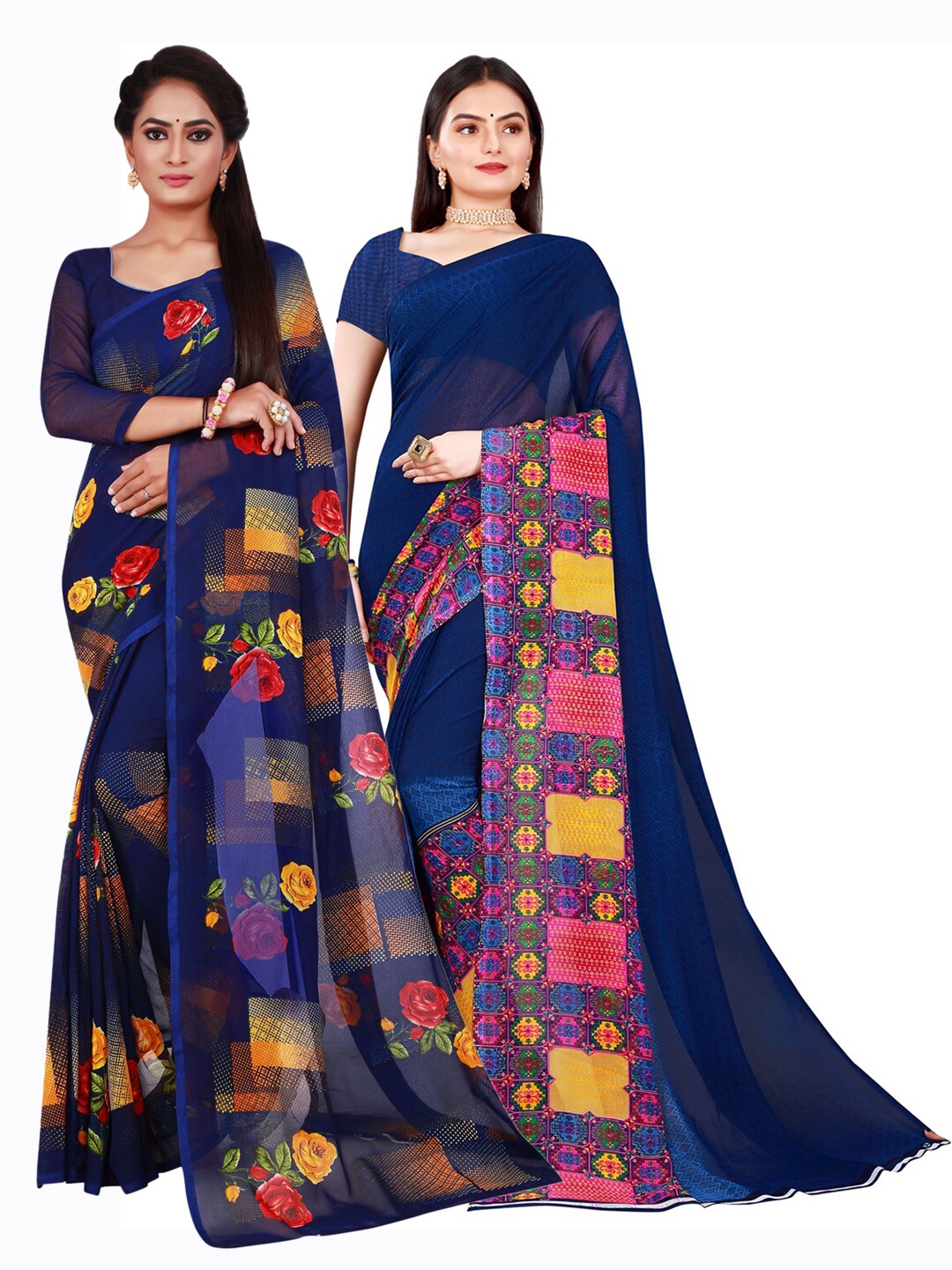 

Florence Navy Blue & Yellow Pure Georgette Saree