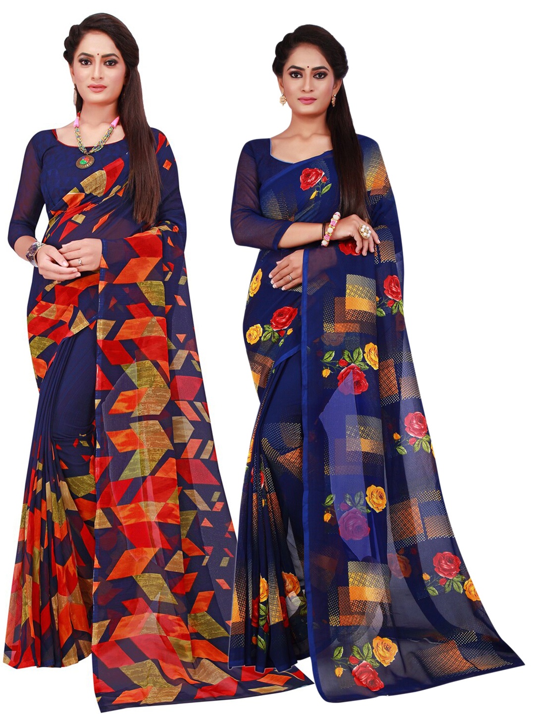 

Florence Navy Blue & Red Pure Georgette Saree