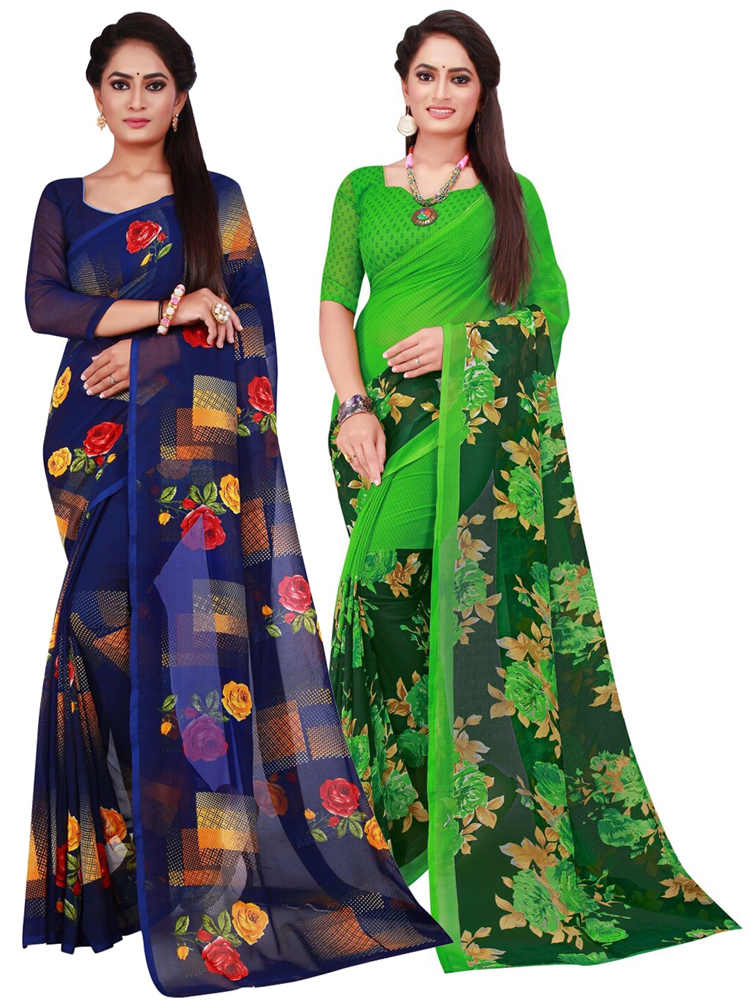 

Florence Navy Blue & Green Pure Georgette Saree