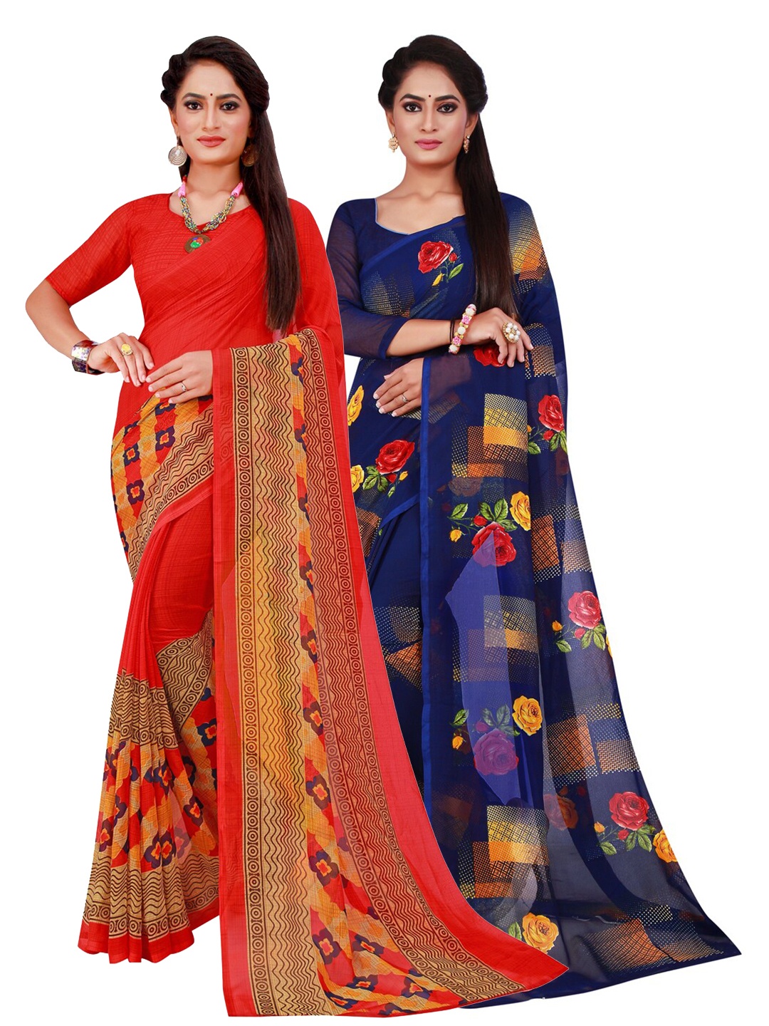 

Florence Red & Navy Blue Pure Georgette Saree