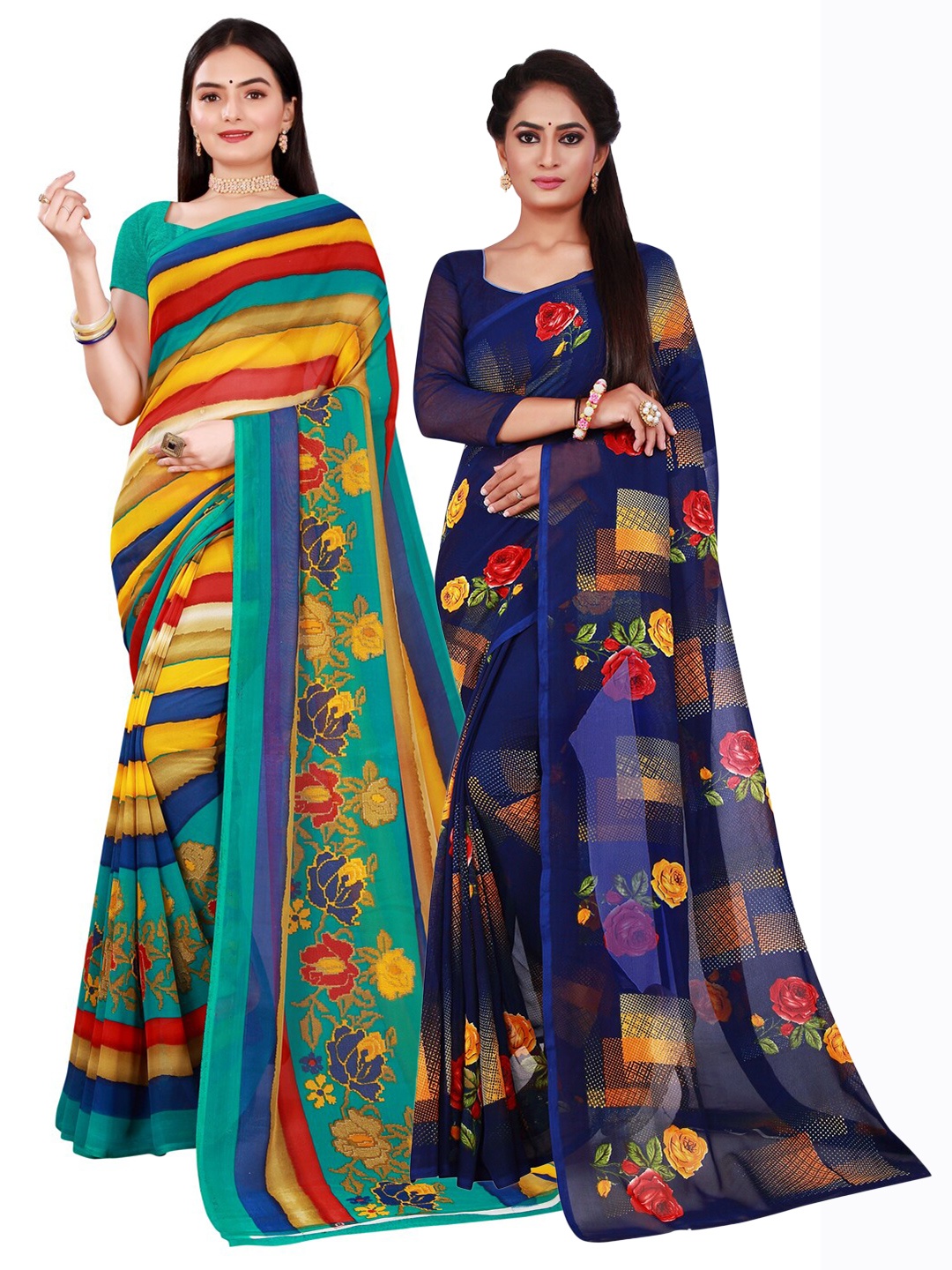 

Florence Navy Blue & Red Pure Georgette Saree