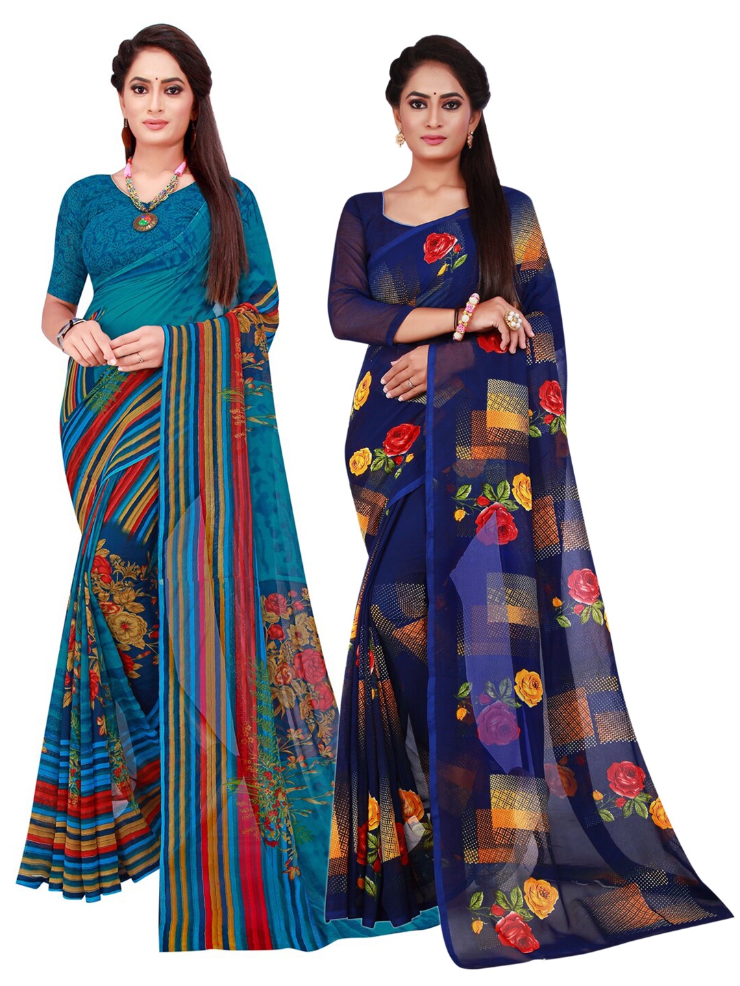 

Florence Navy Blue & Red Pure Georgette Saree