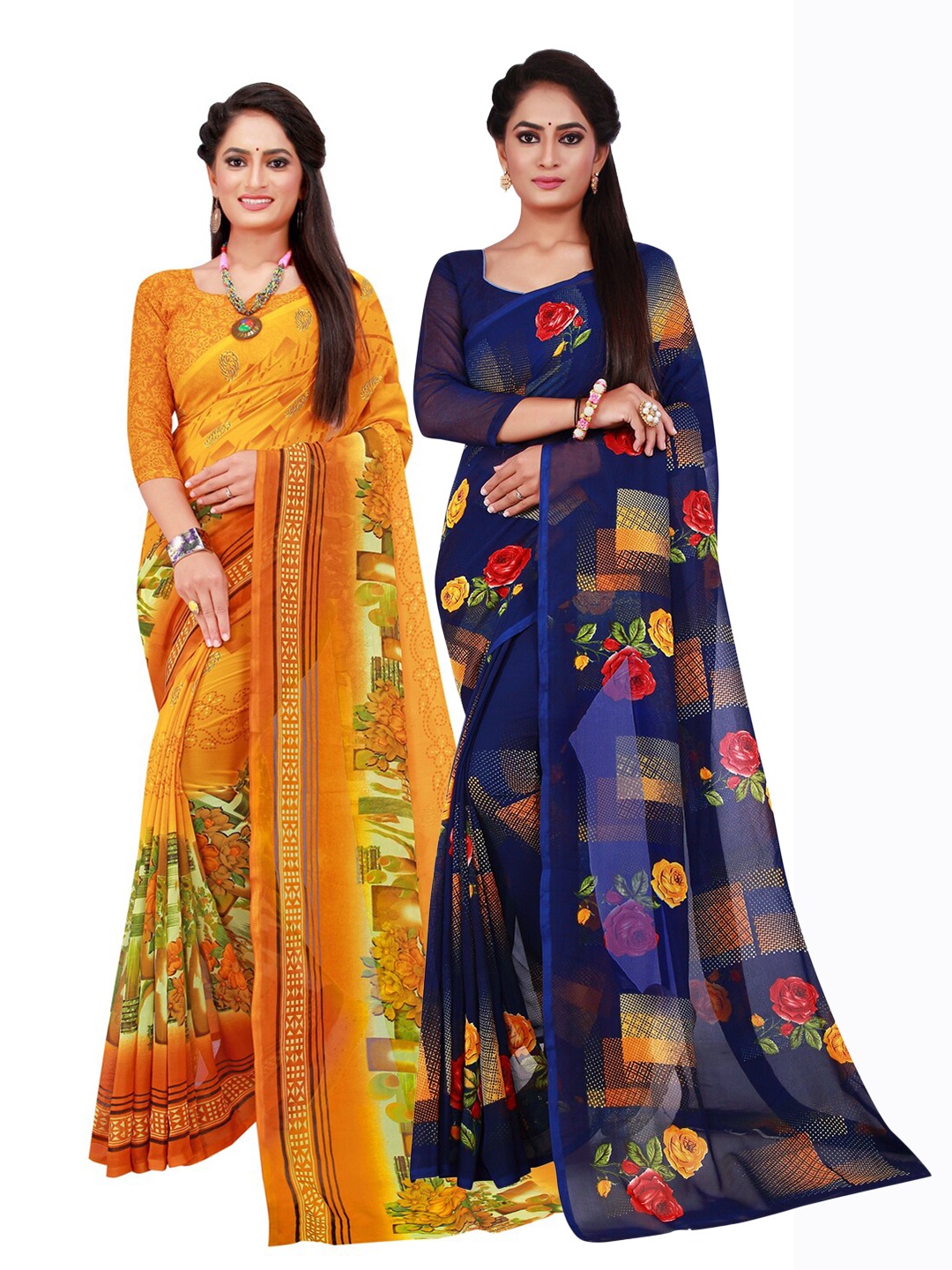 

Florence Navy Blue & Yellow Pure Georgette Saree
