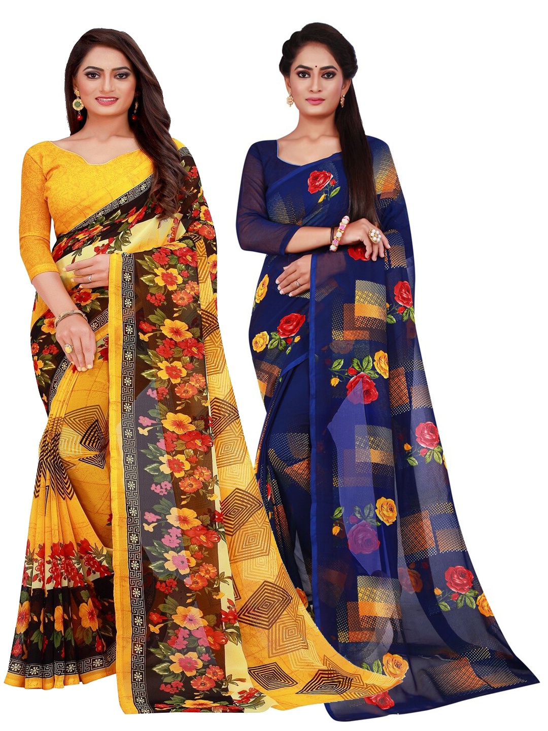 

Florence Yellow & Navy Blue Pure Georgette Saree