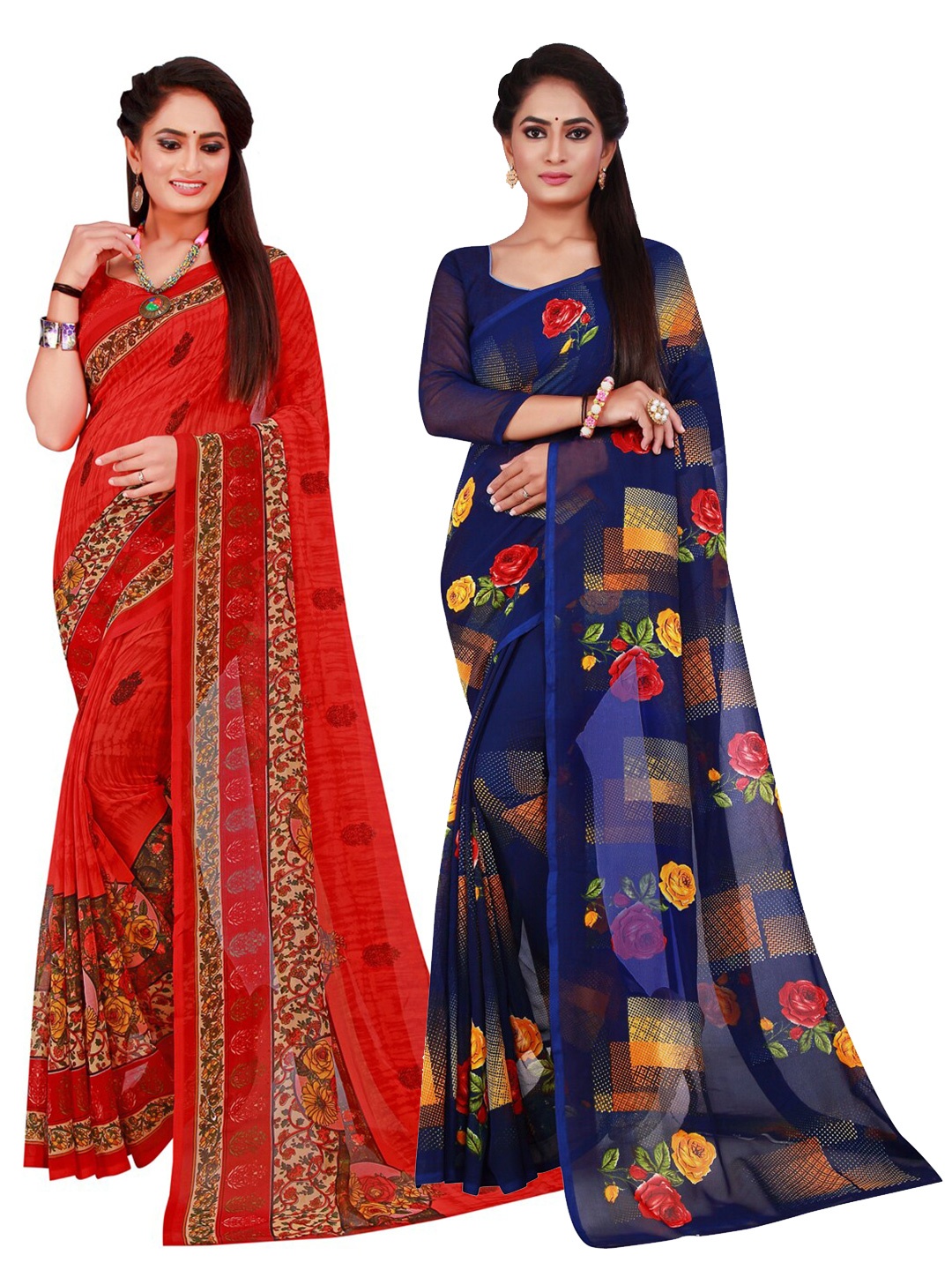 

Florence Navy Blue & Red Pure Georgette Saree