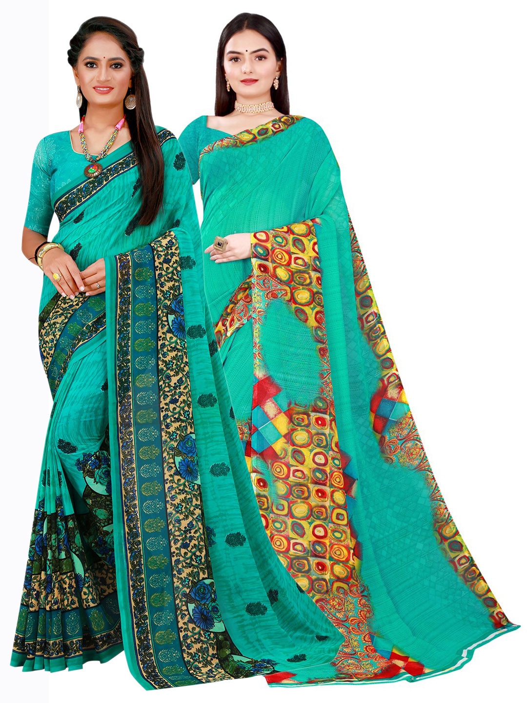 

Florence Turquoise Blue & Green Pure Georgette Saree