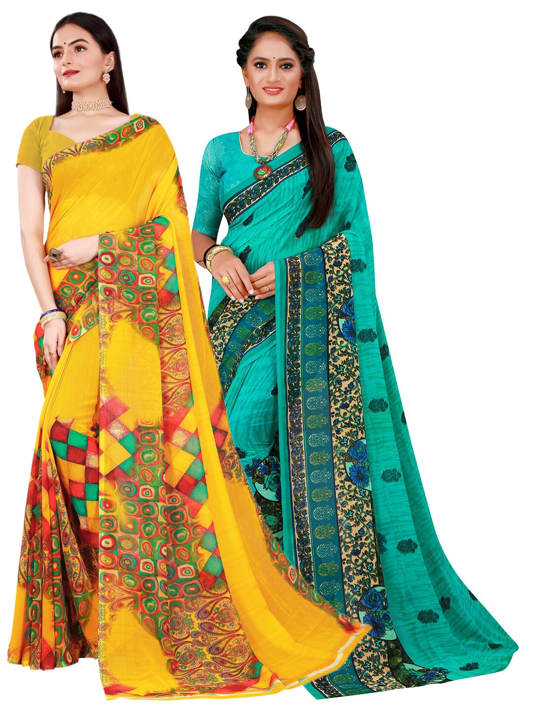 

Florence Turquoise Blue & Yellow Pure Georgette Saree