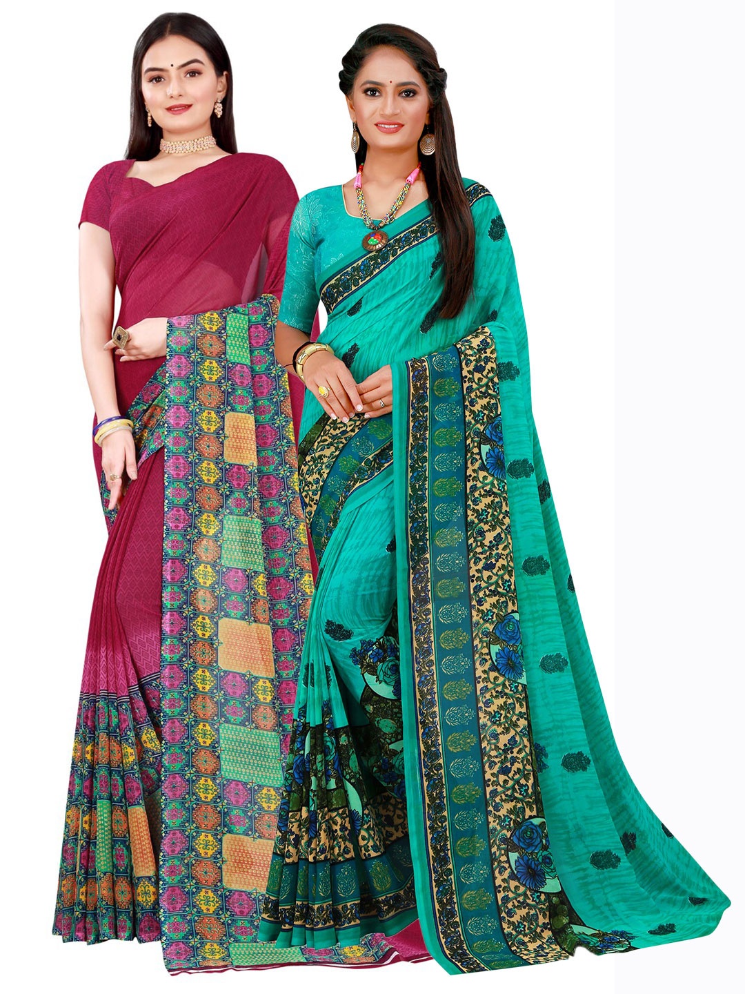 

Florence Turquoise Blue & Maroon Pure Georgette Saree