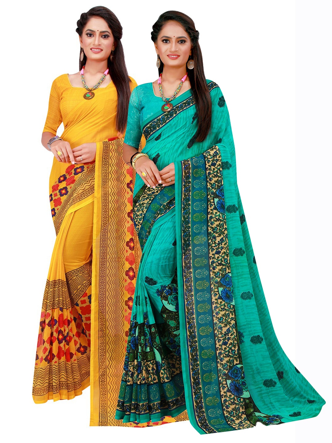 

Florence Yellow & Turquoise Blue Pure Georgette Saree