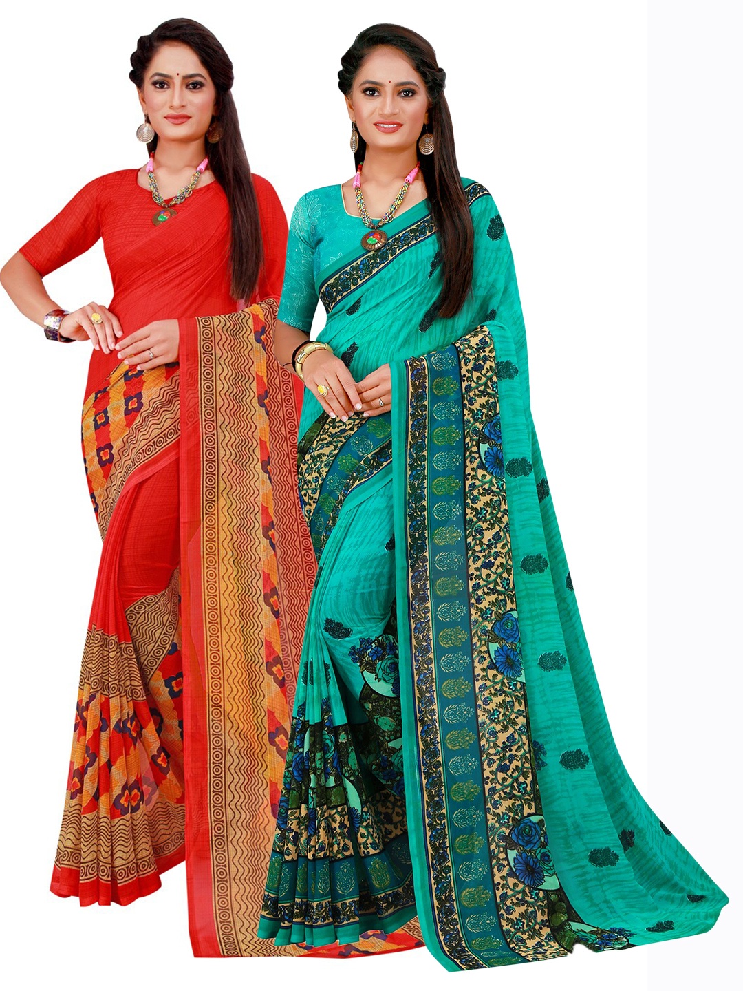 

Florence Red & Turquoise Blue Pure Georgette Saree