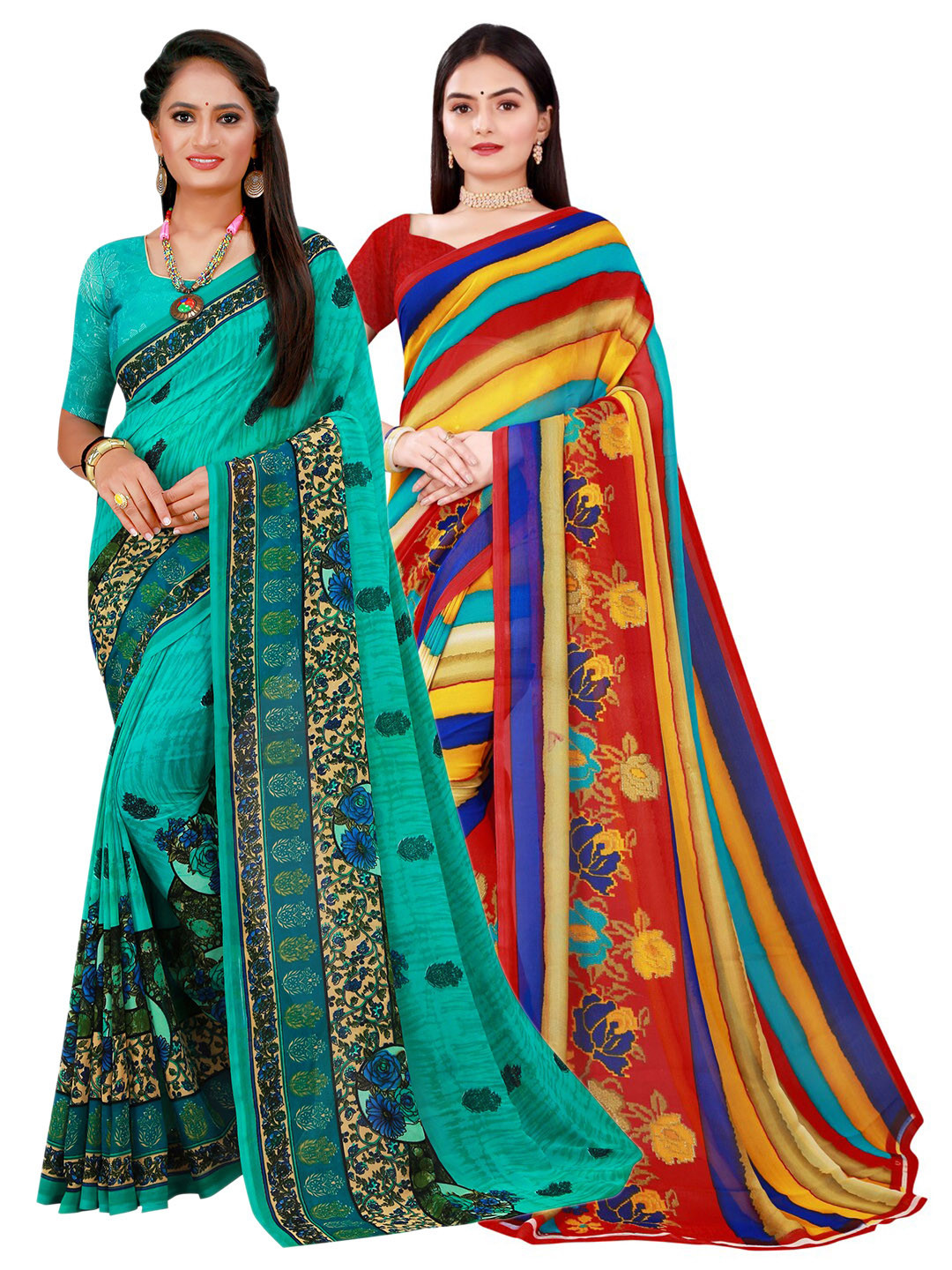 

Florence Turquoise Blue & Red Pure Georgette Saree