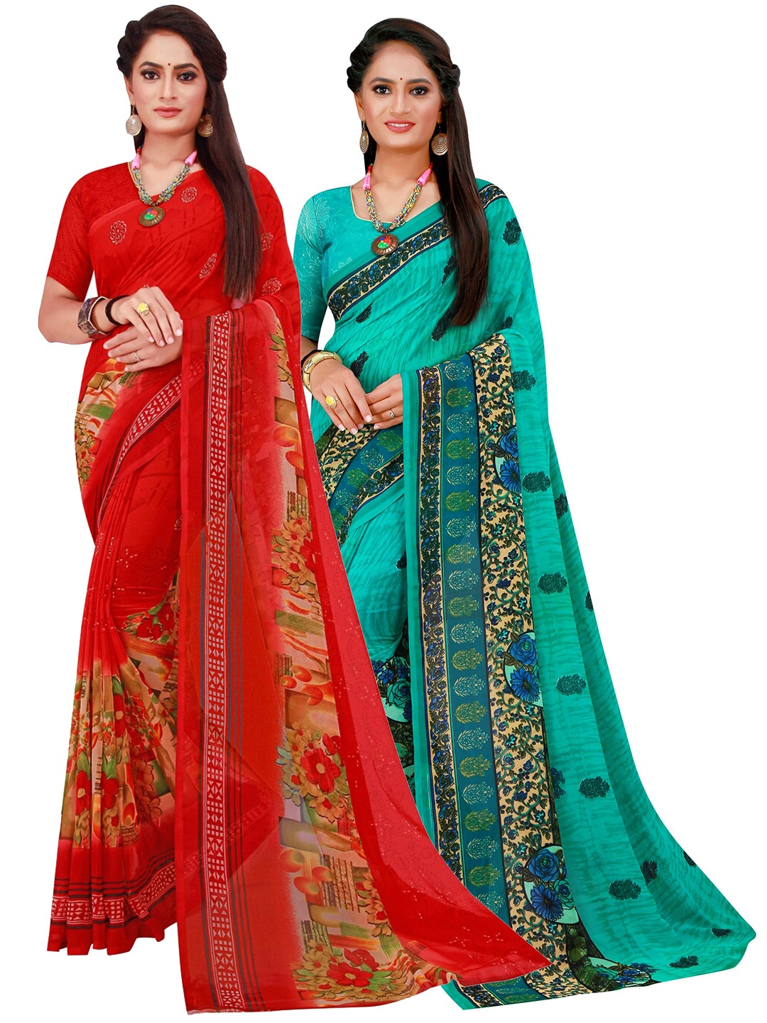 

Florence Turquoise Blue & Red Pure Georgette Saree