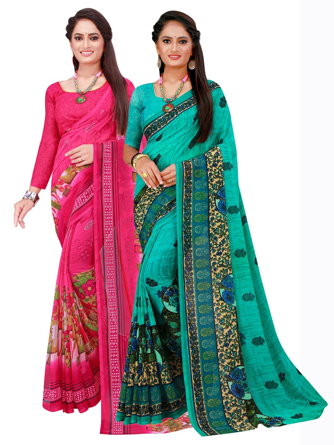 

Florence Turquoise Blue & Pink Pure Georgette Saree