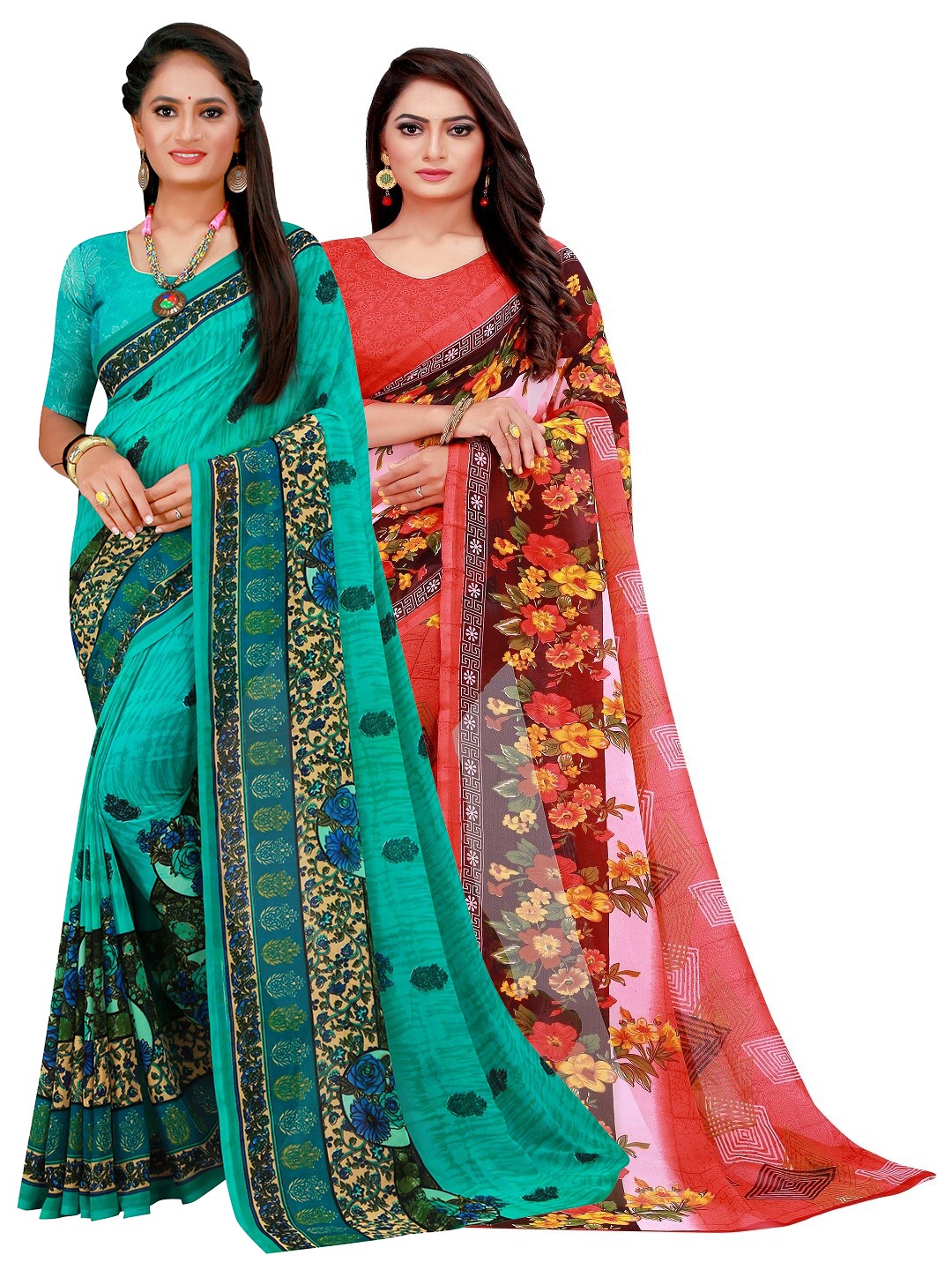 

Florence Turquoise Blue & Red Pure Georgette Saree