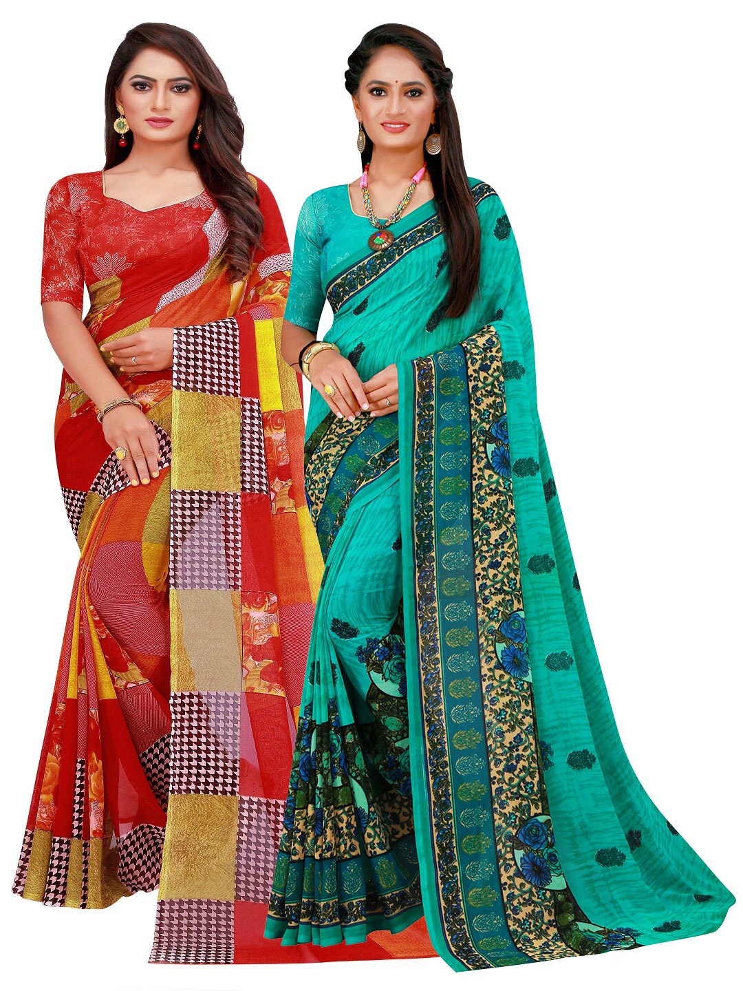 

Florence Turquoise Blue & Red Pure Georgette Saree