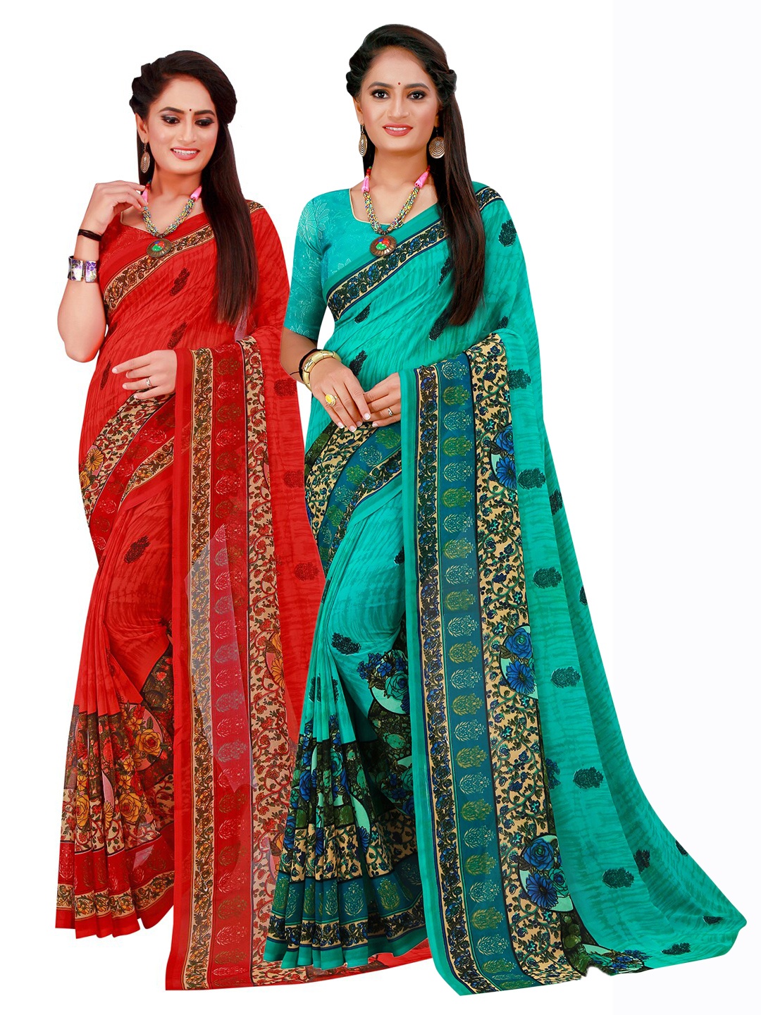 

Florence Turquoise Blue & Red Pure Georgette Saree