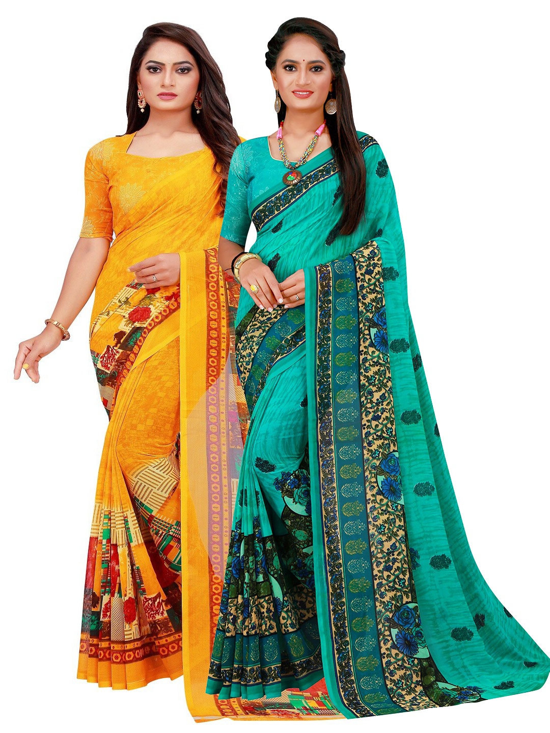 

Florence Turquoise Blue & Yellow Pure Georgette Saree