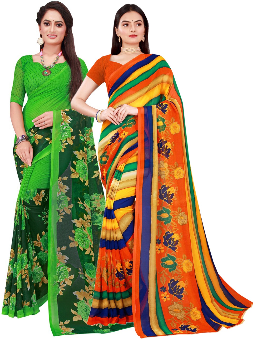 

KALINI Green & Red Pure Georgette Saree