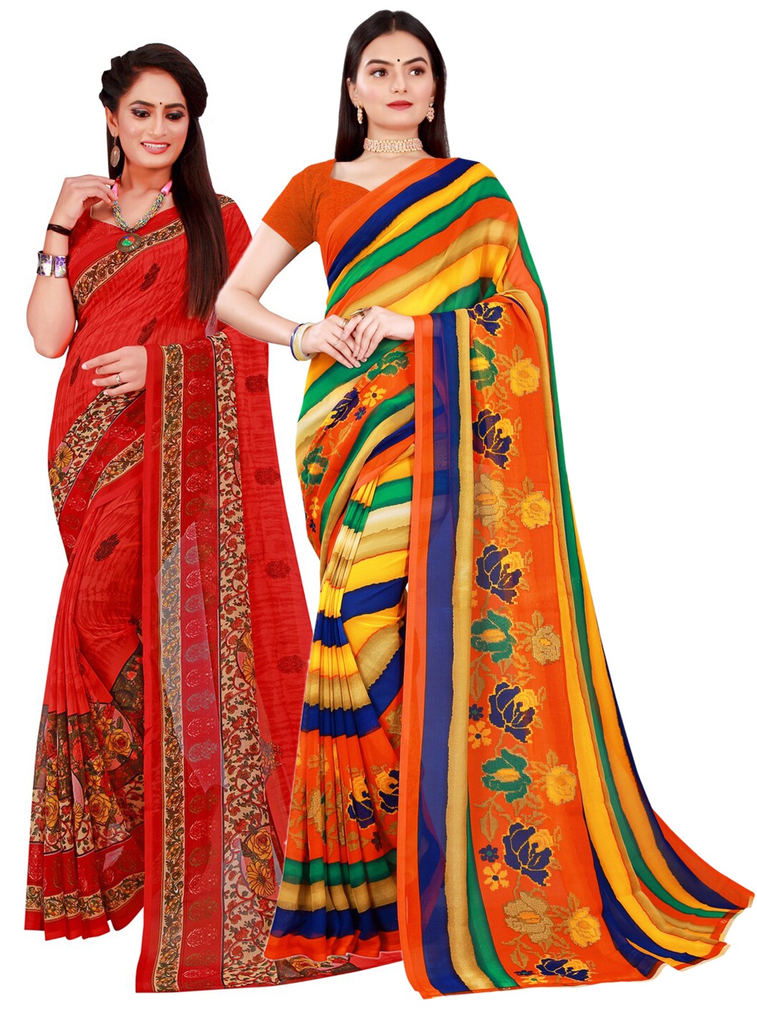 

KALINI Red & Green Pure Georgette Saree