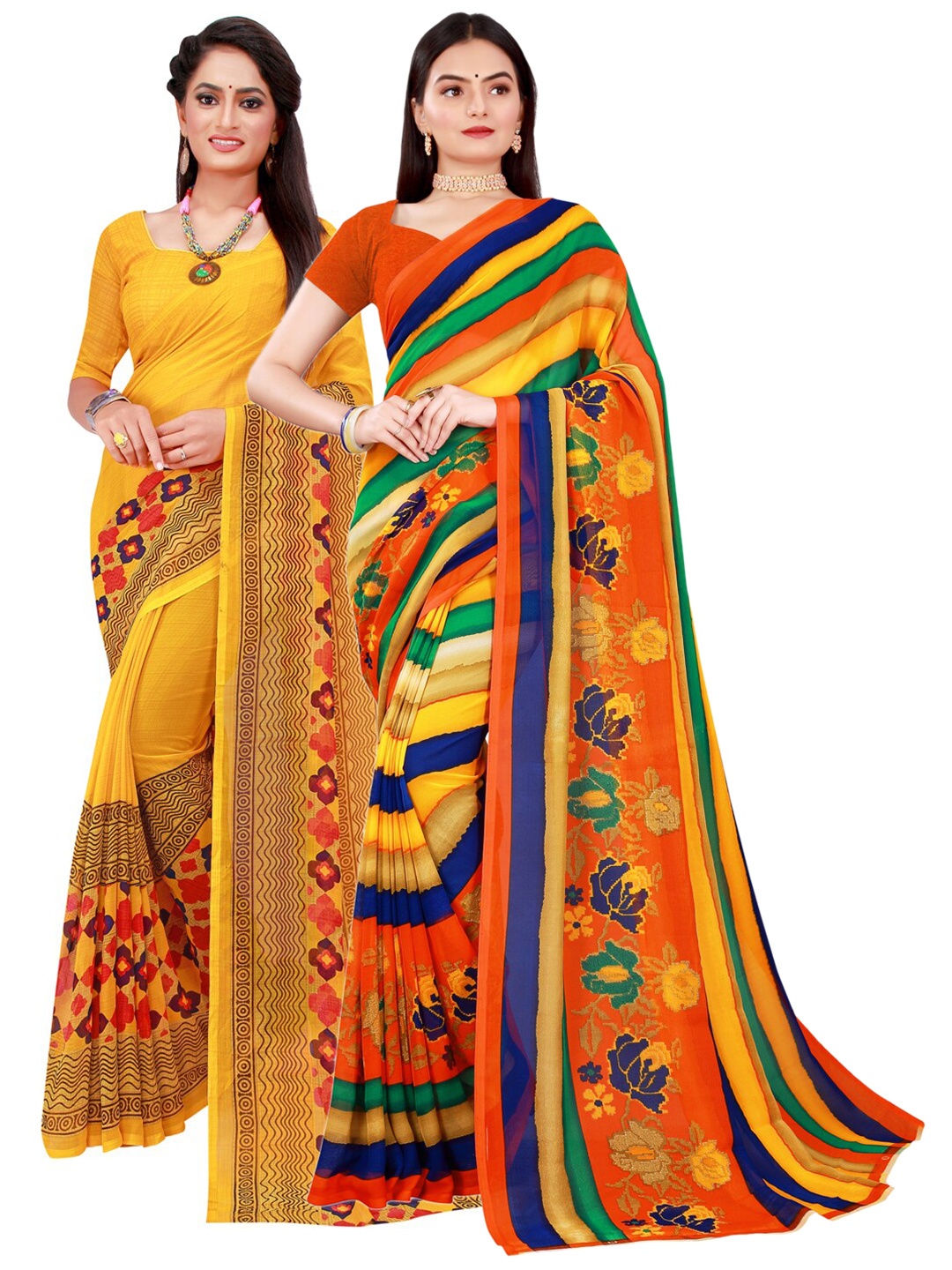

KALINI Yellow & Green Pure Georgette Saree