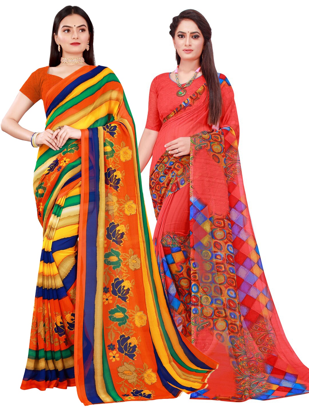 

KALINI Red & Green Pure Georgette Saree