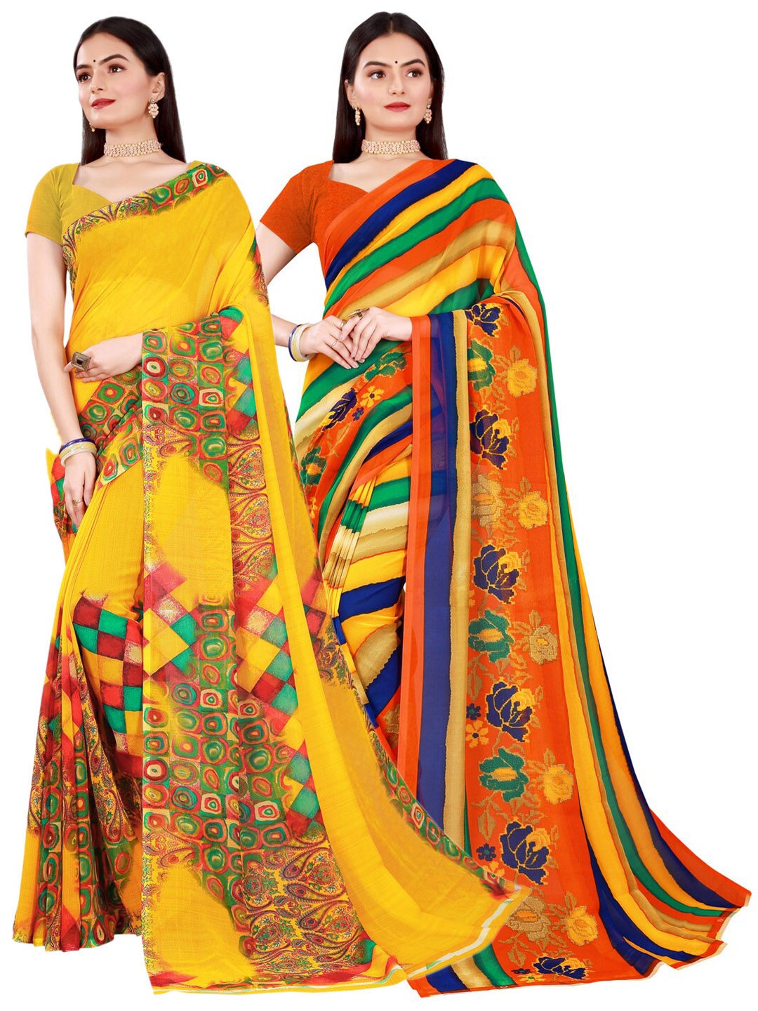 

KALINI Yellow & Green Pure Georgette Saree