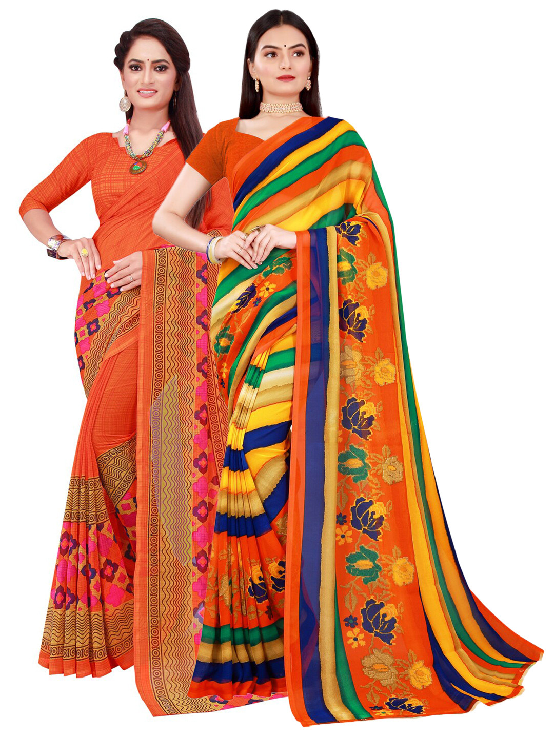

KALINI Orange & Green Pure Georgette Saree