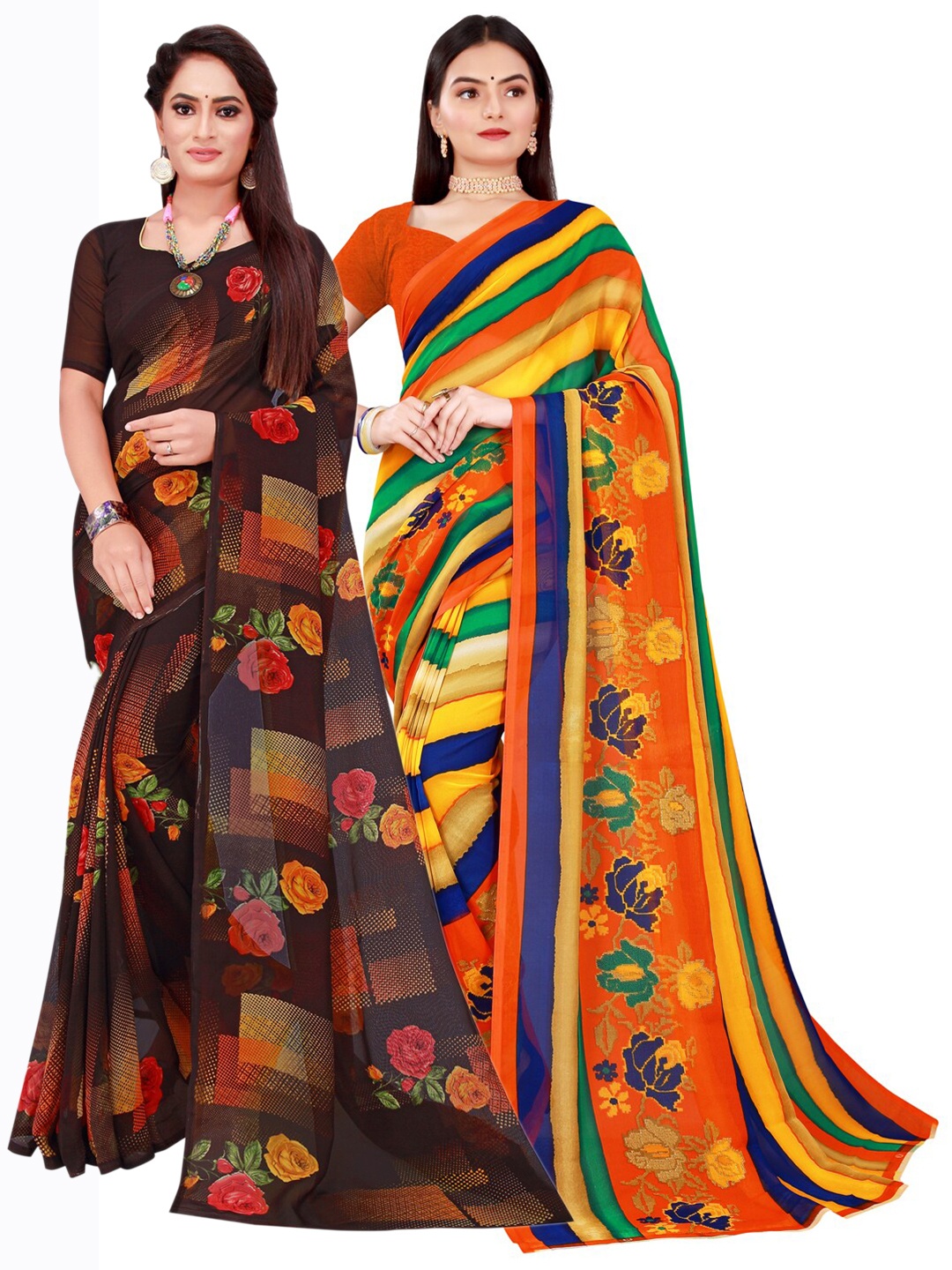 

KALINI Brown & Green Pure Georgette Saree