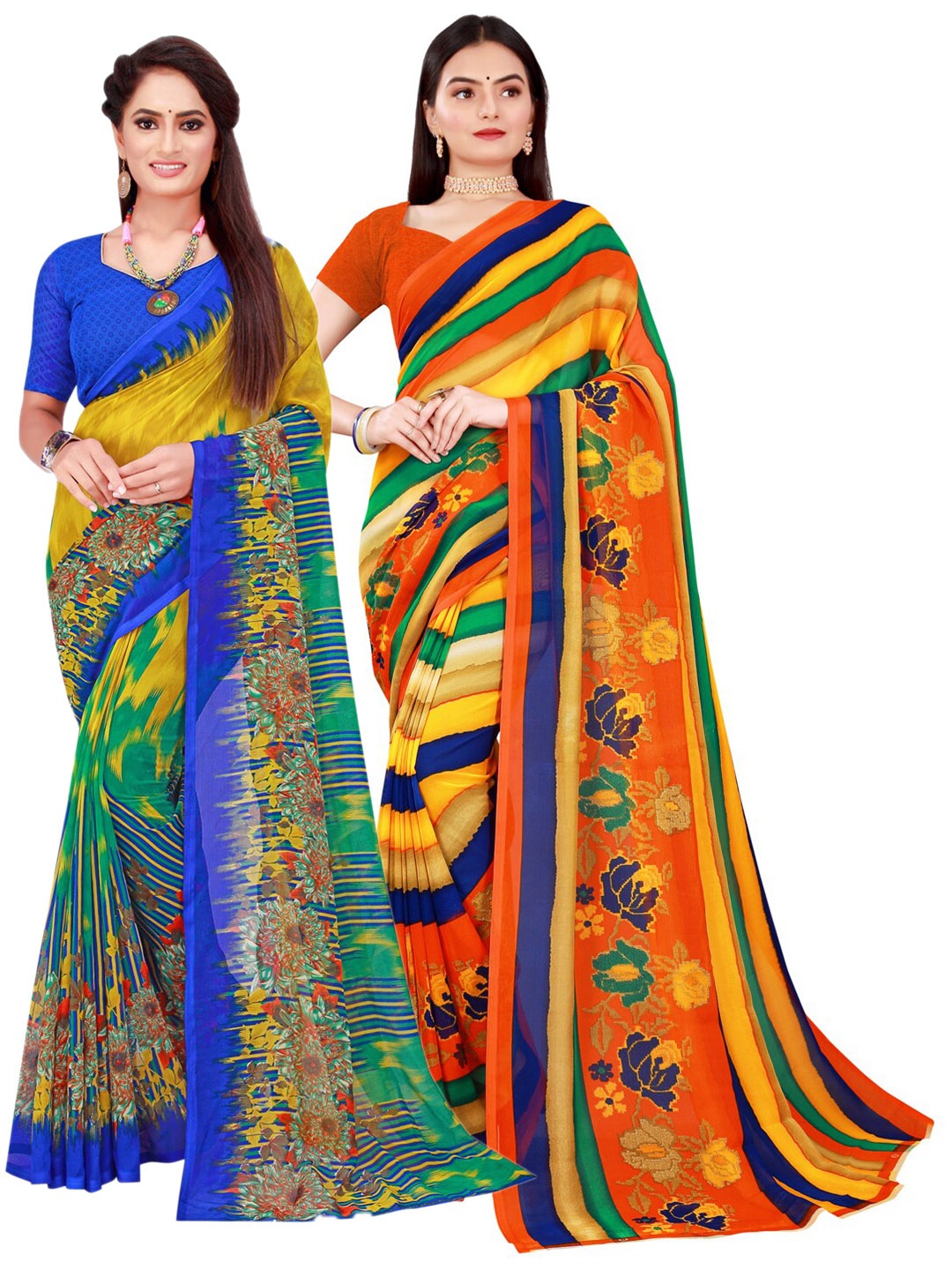 

KALINI Green & Yellow Pure Georgette Saree