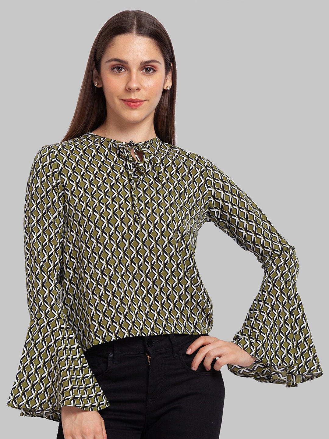 

Parx Women Green Geometric Print Tie-Up Neck Top