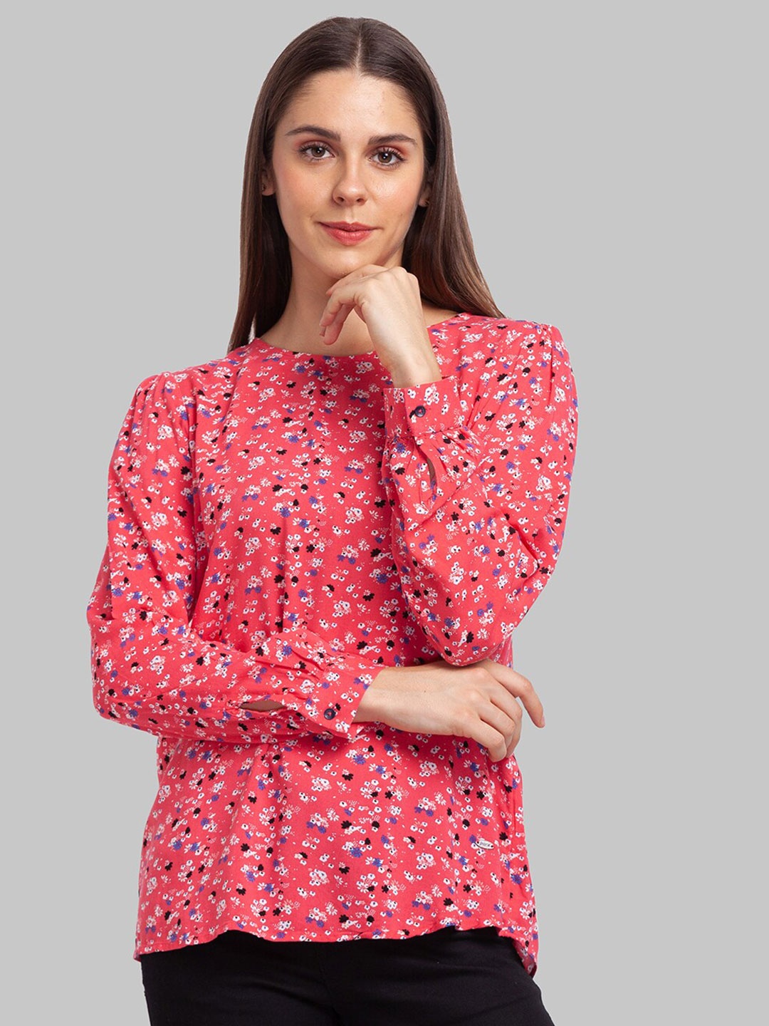 

Parx Women Red Floral Print Mandarin Collar Top