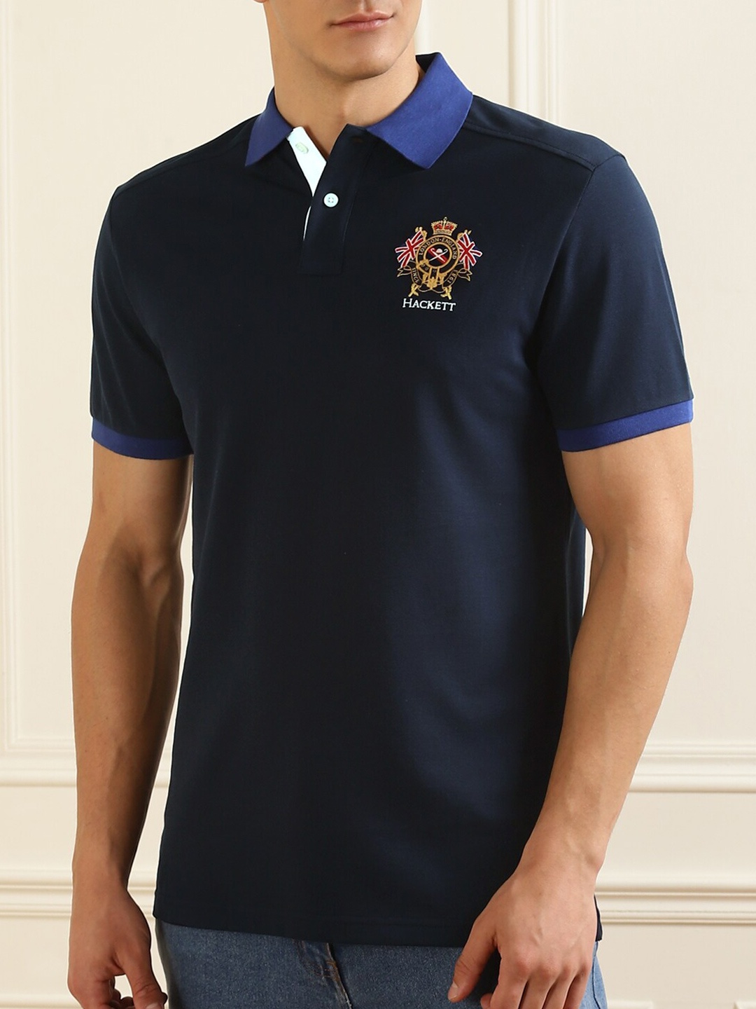 

HACKETT LONDON Men Navy Blue Polo Collar Pure Cotton Applique T-shirt