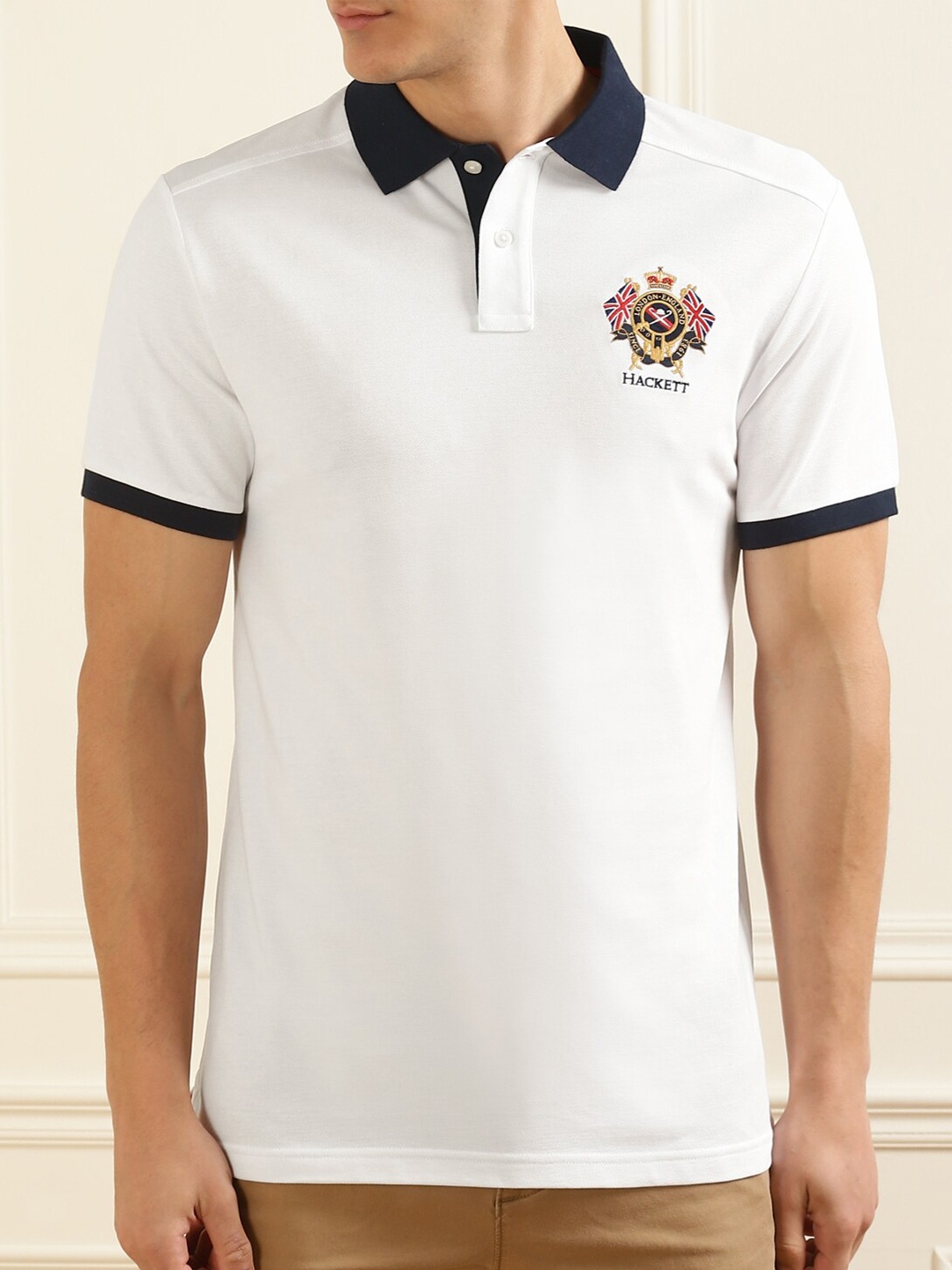 

HACKETT LONDON Men White Polo Collar Pure Cotton Applique T-shirt